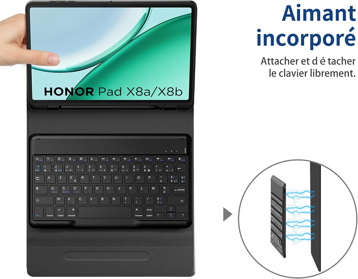 Detalle de EasyAcc étui clavier français Bluetooth pour iPad 10,2" (9e/8e et 7e génération) avec film de protection et clavier amovible, bleu océan