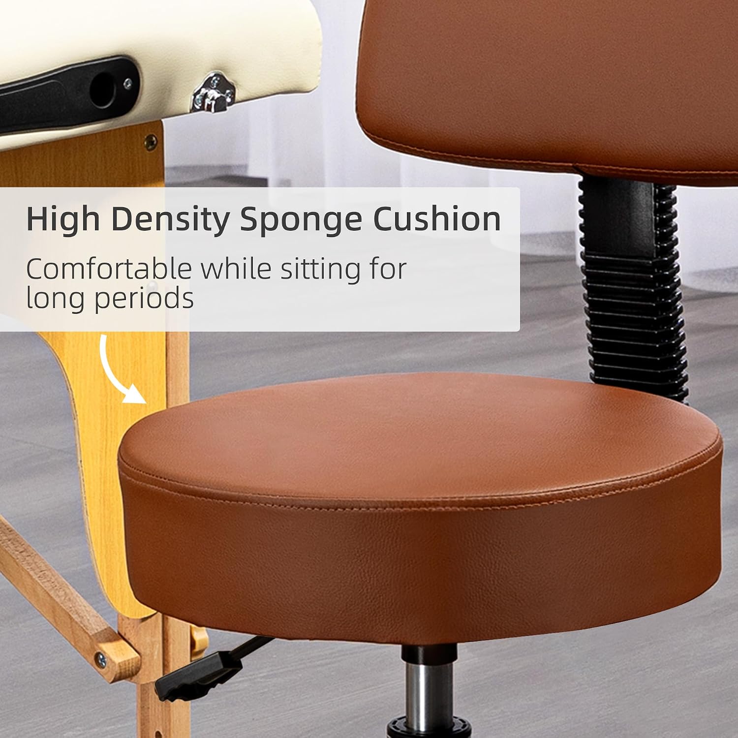 Detalle 1 de HOMCOM 503-023V70BN Salon Stool with Padded Back, 5 Wheels, Brown