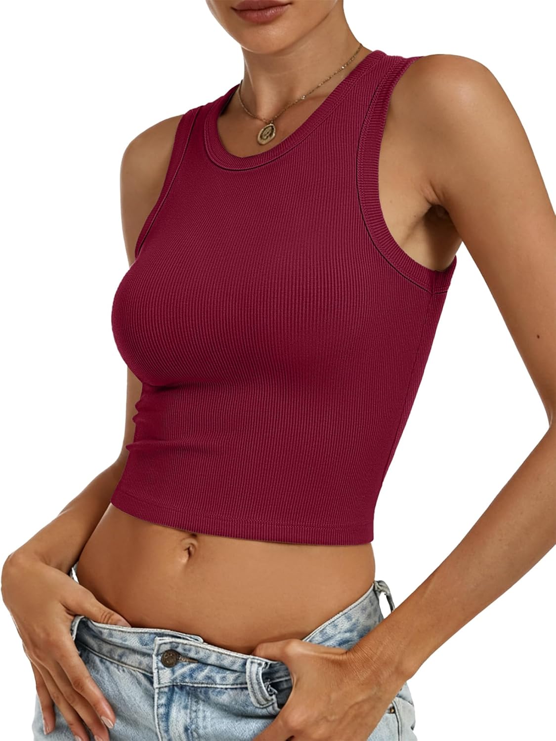 Thumbnail 1 de ANRABESS Women's Crop Tank Top: High Neck, Ribbed Knit Slim Fit for Summer