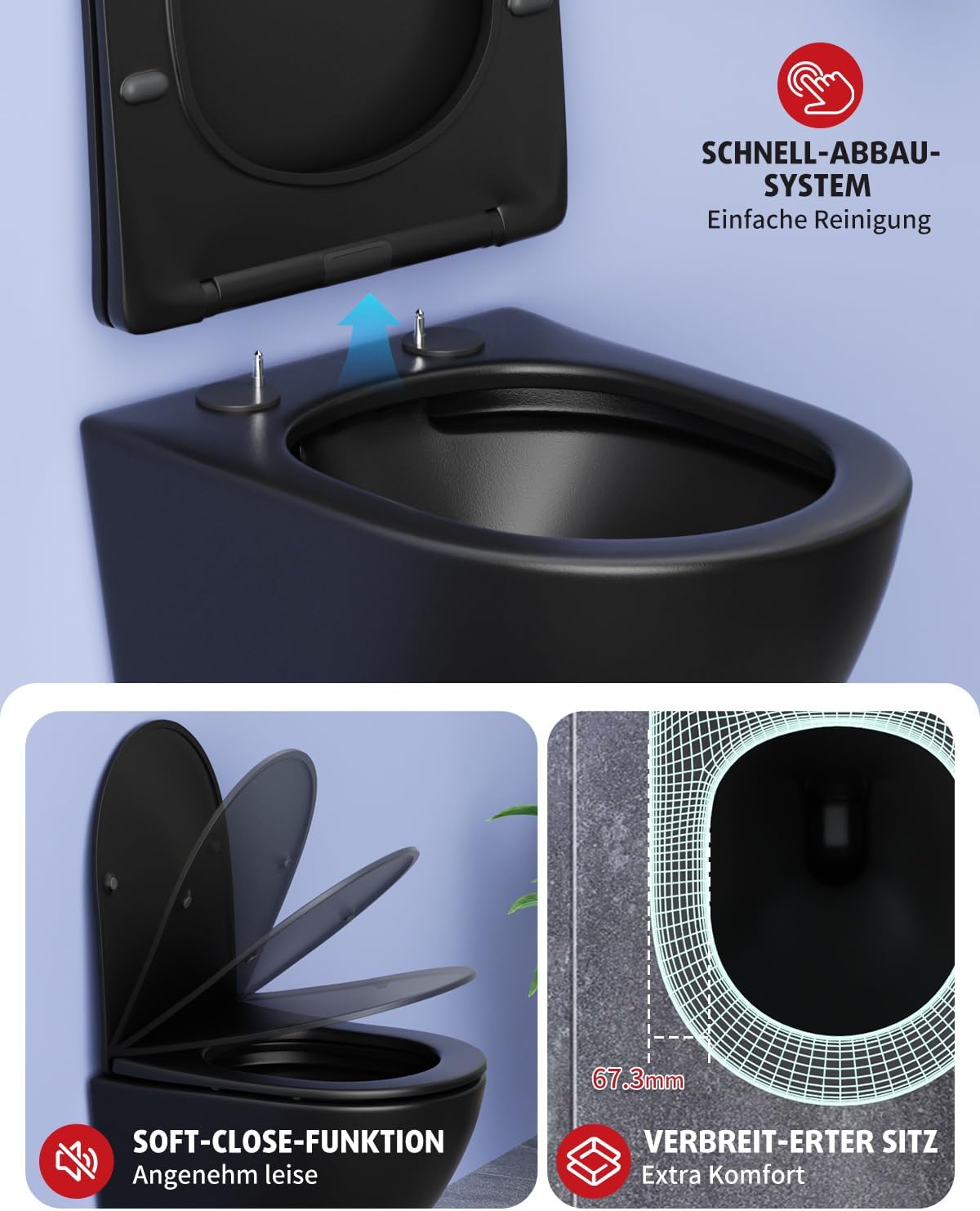 Detalle 2 de Rainsworth Wand-WC Spülrandlos – Hänge Toilette mit kraftvoller Spülung, Absenkautomatik und Schnellverschluss, Schwarz, 48,5 cm