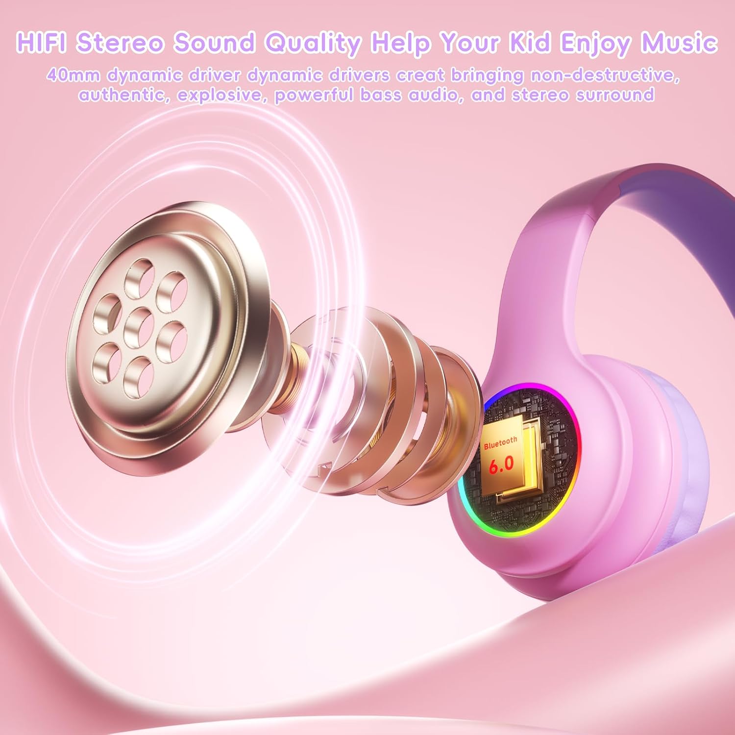 Thumbnail 3 de Candy Bila 6.0 Bluetooth Kinder-Kopfhörer mit LED, HD-Mikrofon, 85 Std. Laufzeit & Lautstärkebegrenzung (85/94 dB) – Rosa