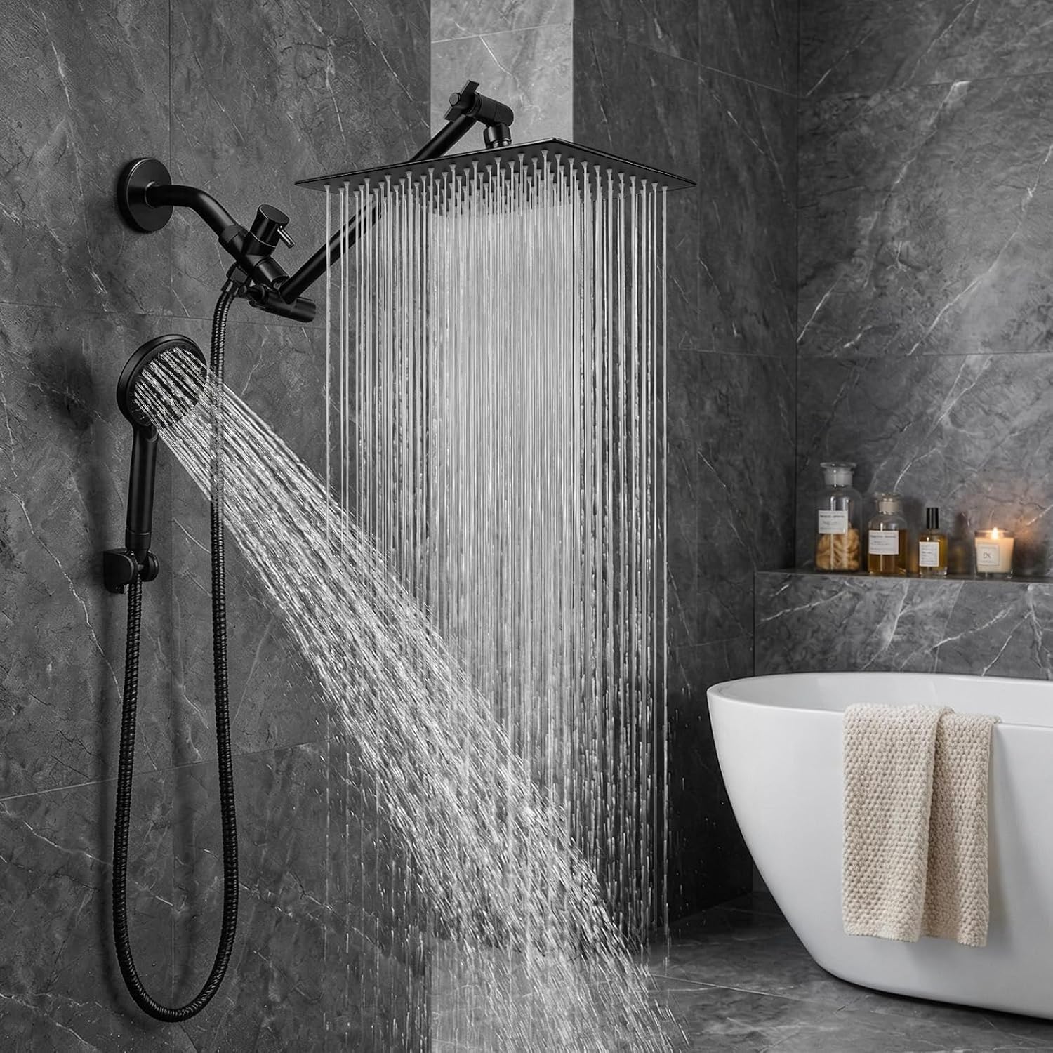 Detalle de Tudoccy SHP-HS Shower Head Combo (8" Rainfall + Handheld) in Matte Black with 11" Extension Arm