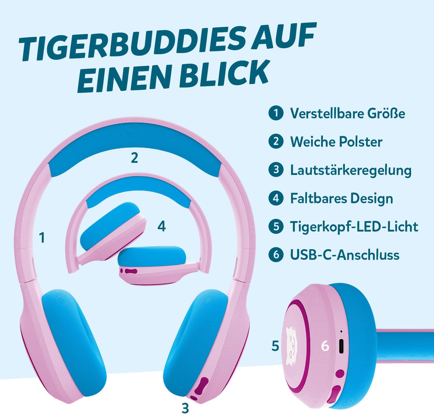Detalle de tigermedia tigerbuddies Bluetooth-Kopfhörer für Kinder – faltbar, 85 dB Lautstärkebegrenzung, ab 4 Jahren