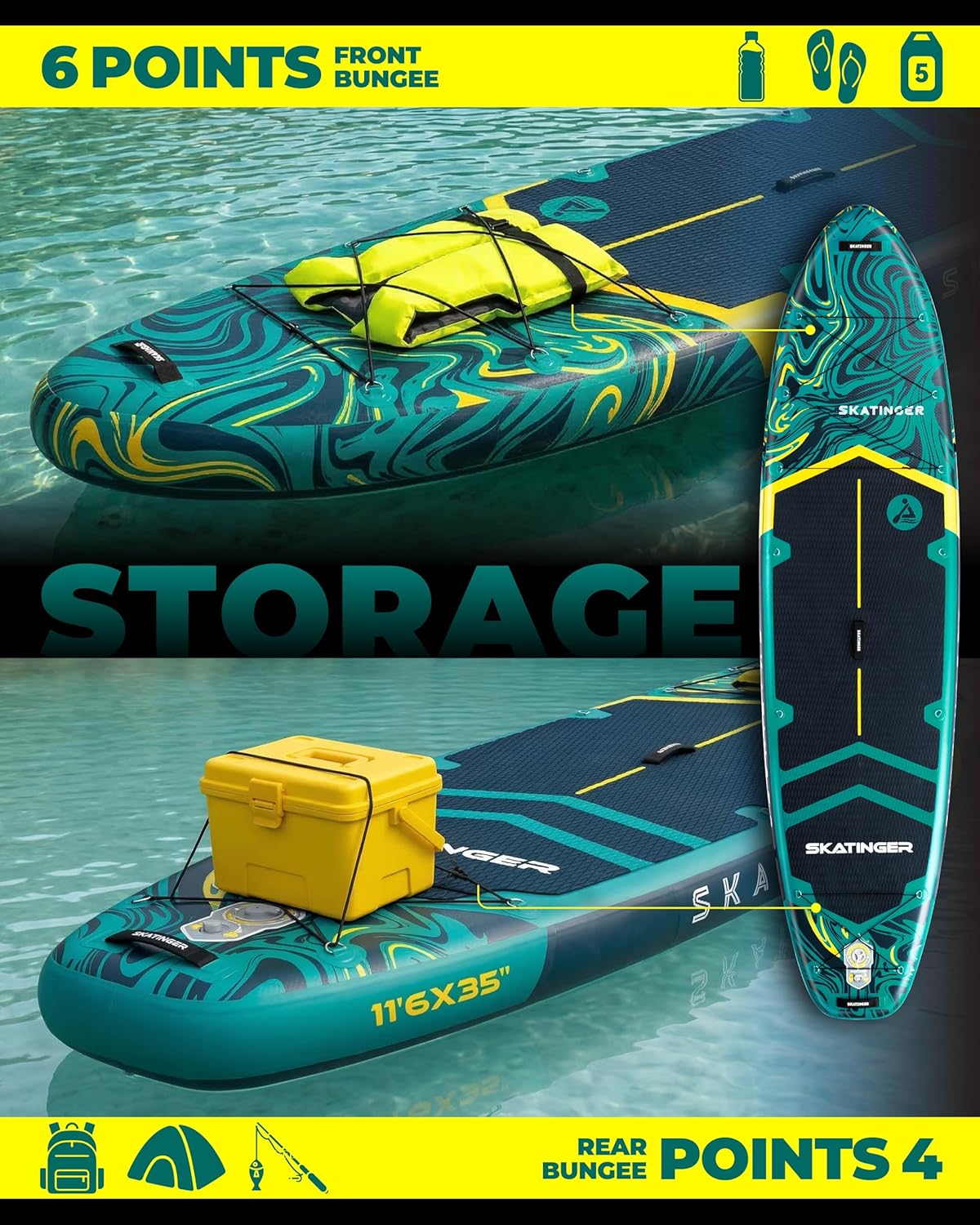 Thumbnail 4 de Skatinger 11'6" x 35" Super Wide Inflatable SUP Board (Up to 450 lb) w/ 100L Backpack, Shoulder Strap & 10" US Fin