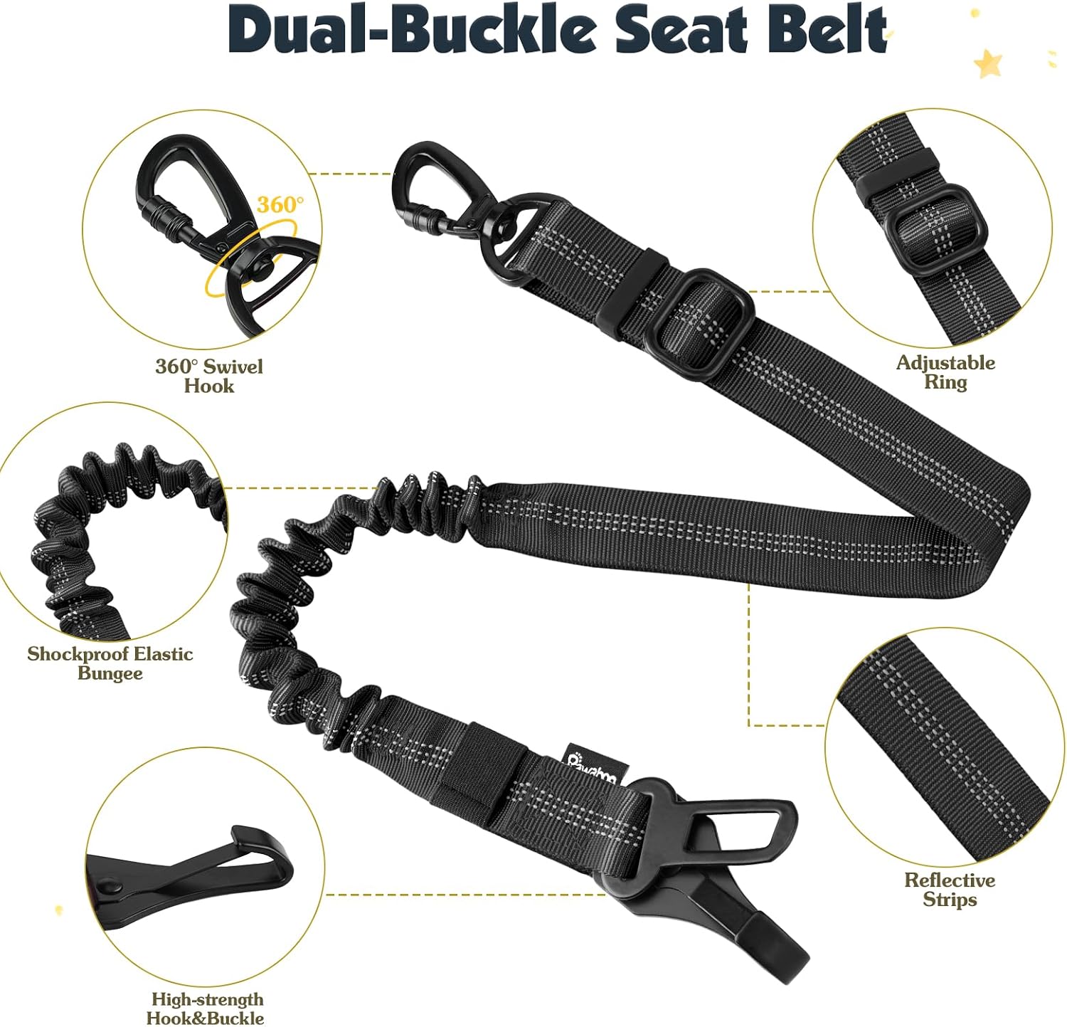 Detalle de Pawaboo Cintura di Sicurezza per Cani da Auto – Imbracatura con Doppia Clip e Gilet Traspirante, Taglie dalla S alla XXL
