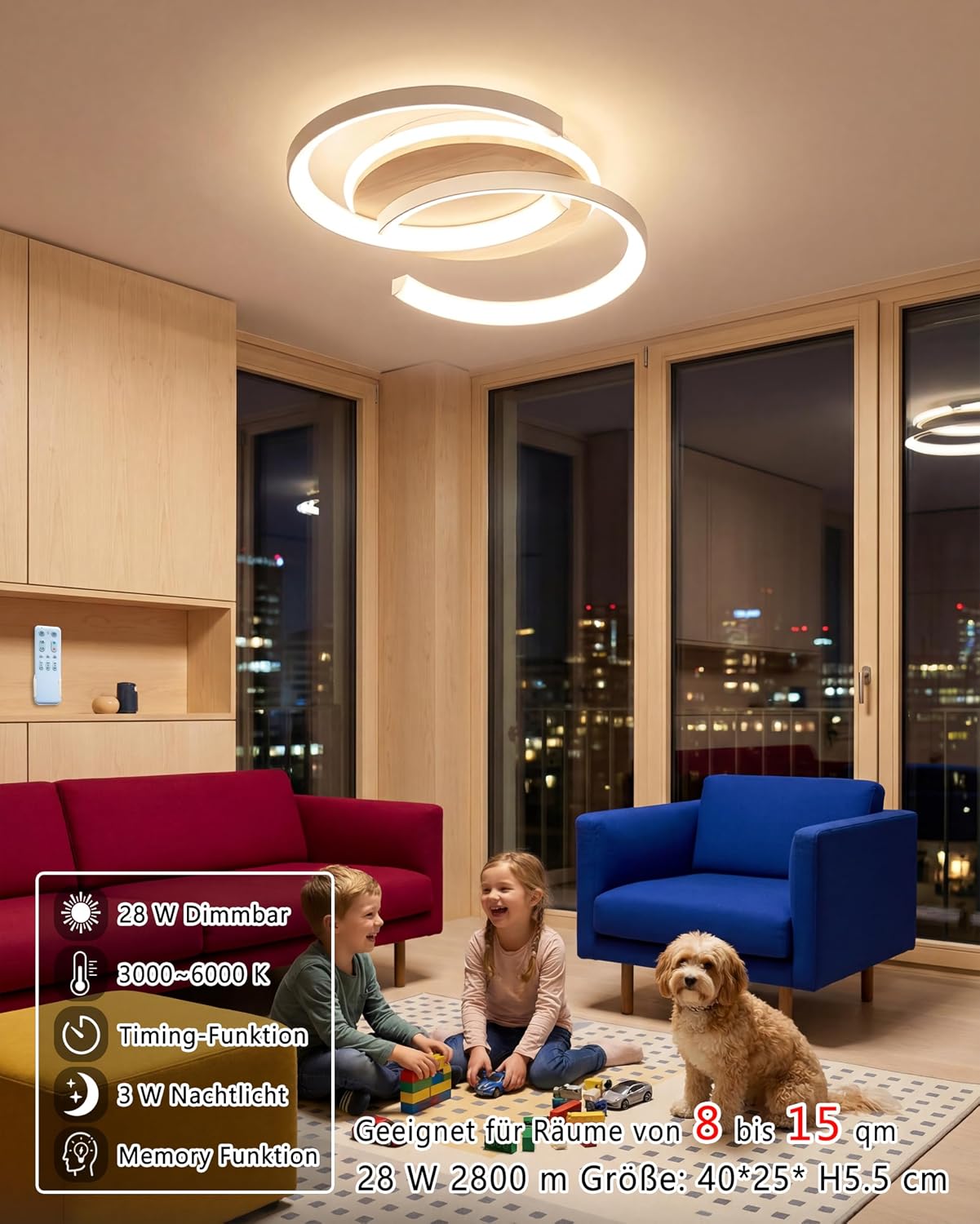 Detalle 2 de LED Deckenlampe Holz „S“ 2-Ringe, dimmbar (28 W, 2800 lm, 3000–6000 K) mit Fernbedienung