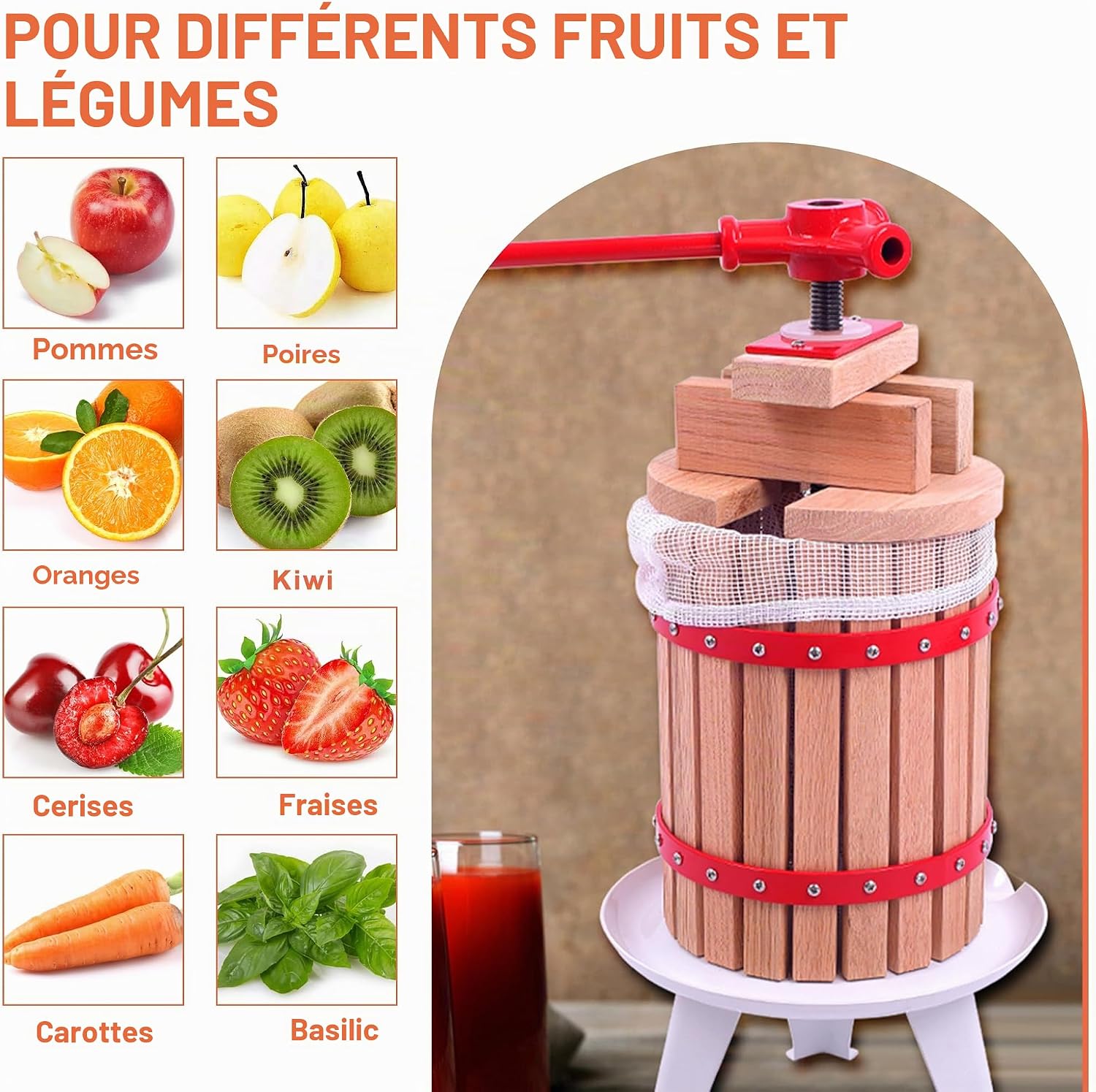 Detalle de Aufun JOD-(HAG8243A-P) fruitpers 6 liter met persdoek, handmatige schroefpers