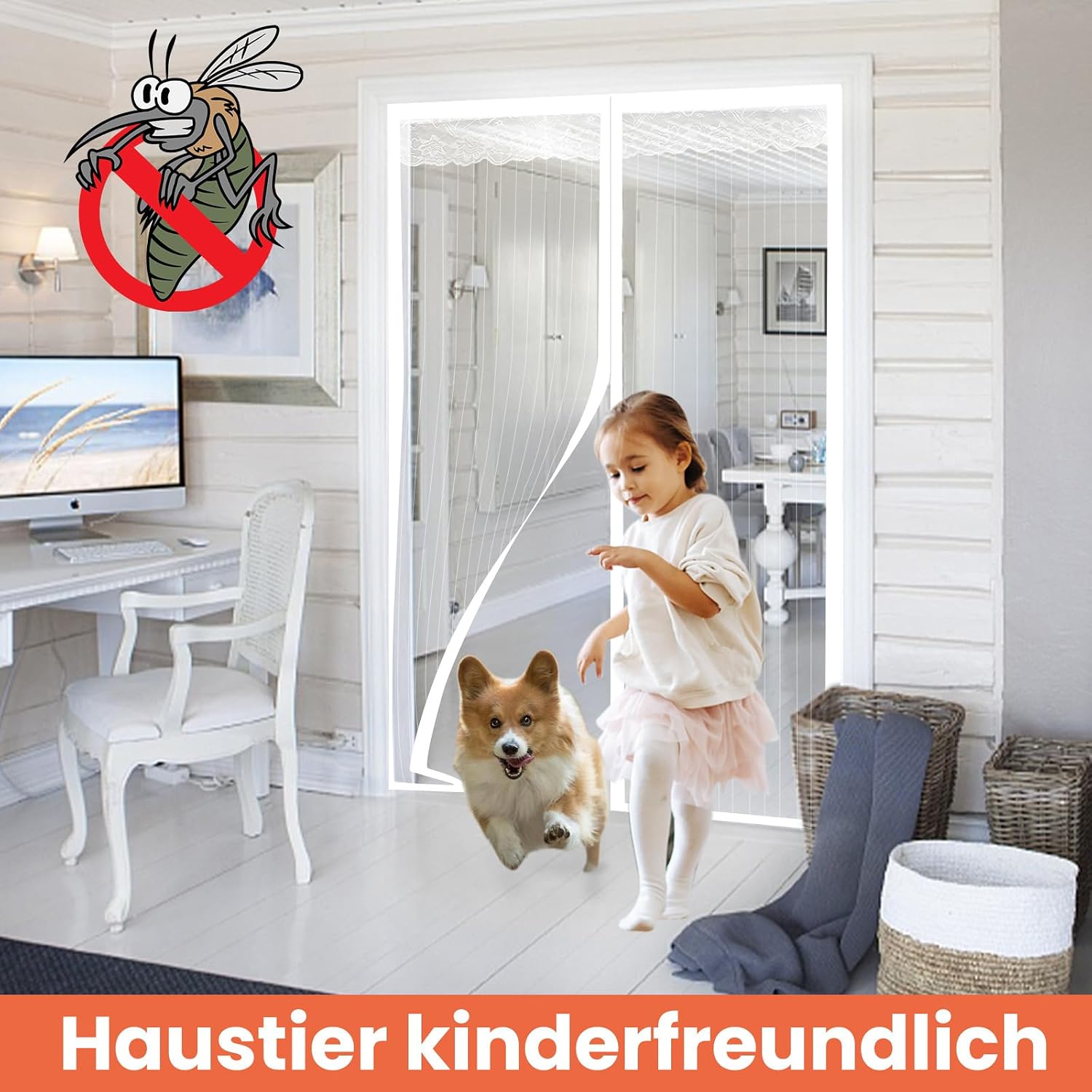 Thumbnail 1 de DIKER Fliegengitter Magnet Tür 150x210 cm – ohne Bohren, Insektenschutz Türvorhang (Weiß)
