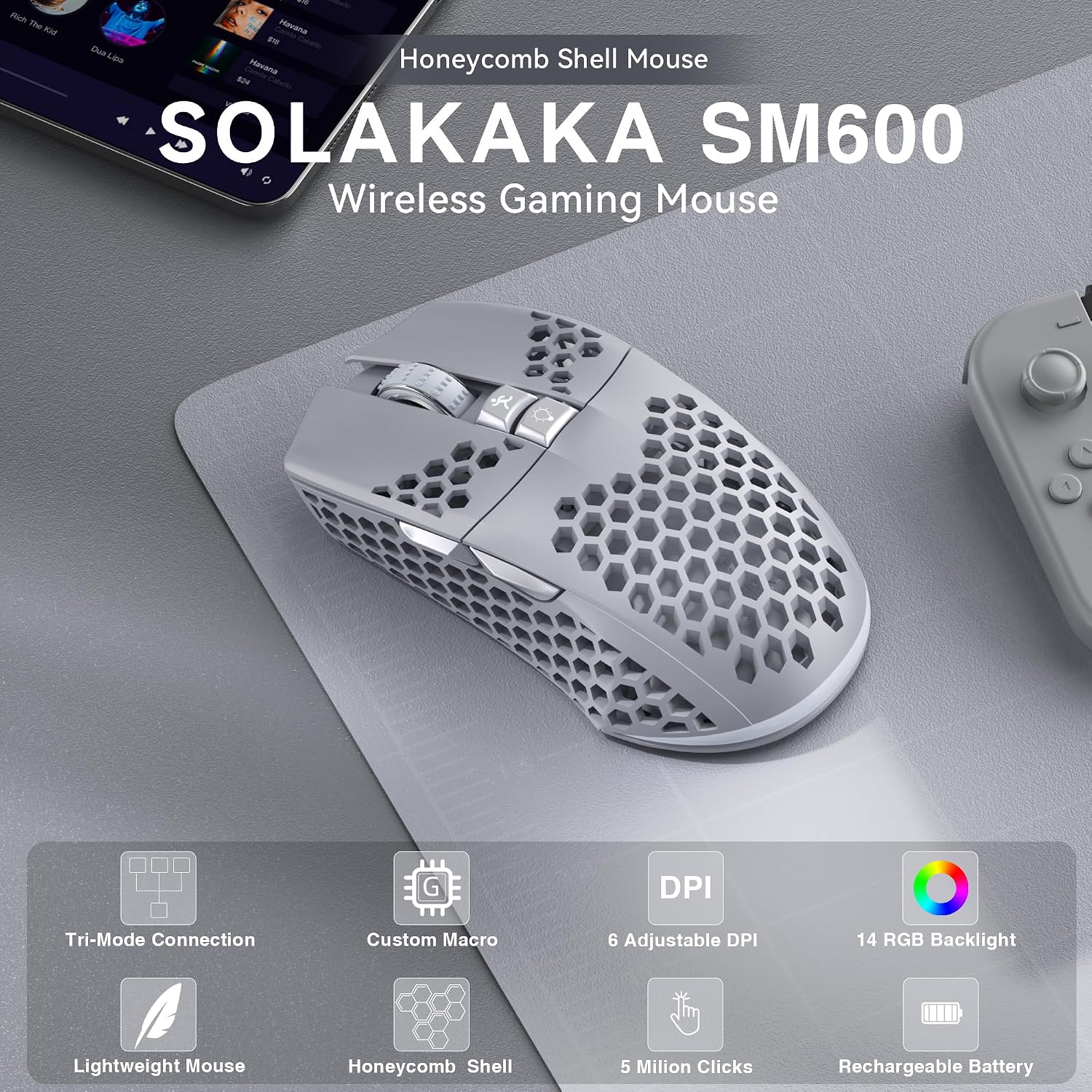 Detalle 2 de SOLAKAKA Wireless Gaming Mouse SM600