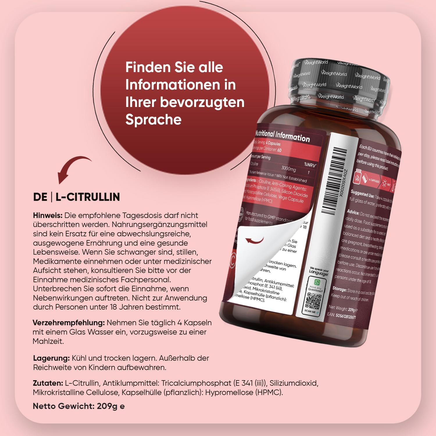 Detalle de L-Citrullin 3000 mg pro Portion – vegane Citrulline Kapseln (240 Stück) von WeightWorld