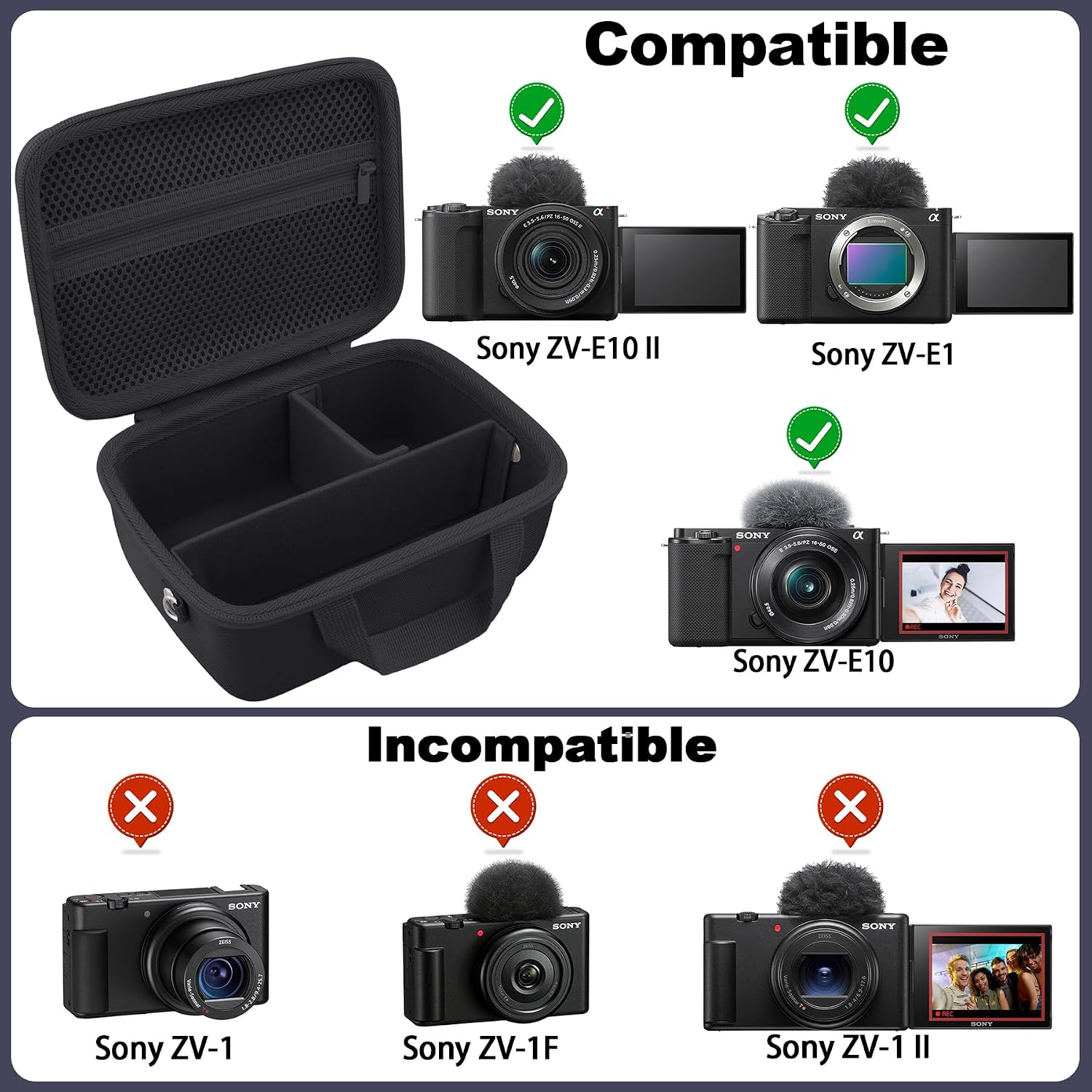 Detalle de Baval Sony ZV-E10/ZV-E1/ZV-E10 II用ハードケース EVA・ナイロン製、仕切り付き