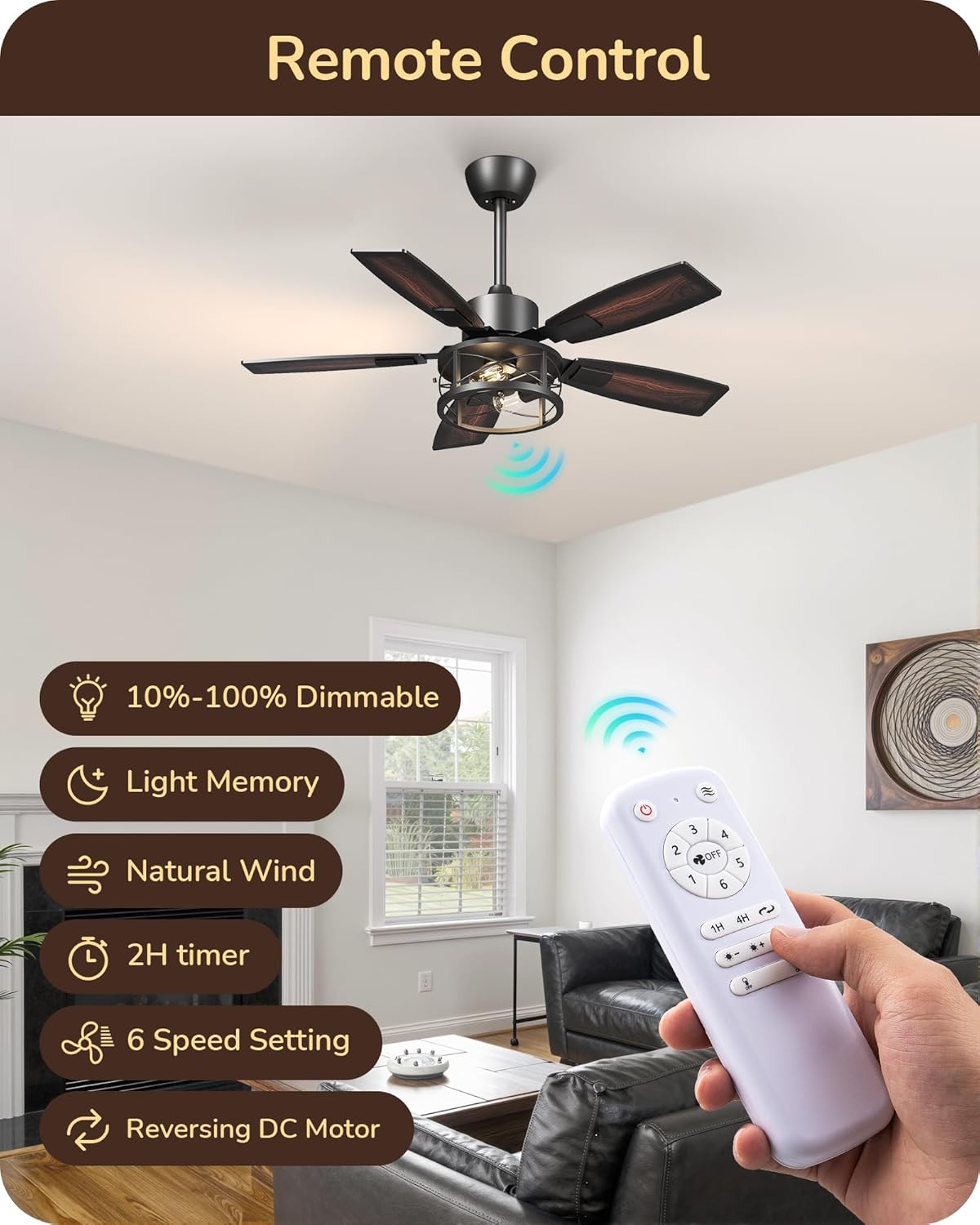 Detalle 2 de EDISHINE HCFM08D 42-inch Farmhouse Ceiling Fan with Light, Remote and Reversible DC Motor