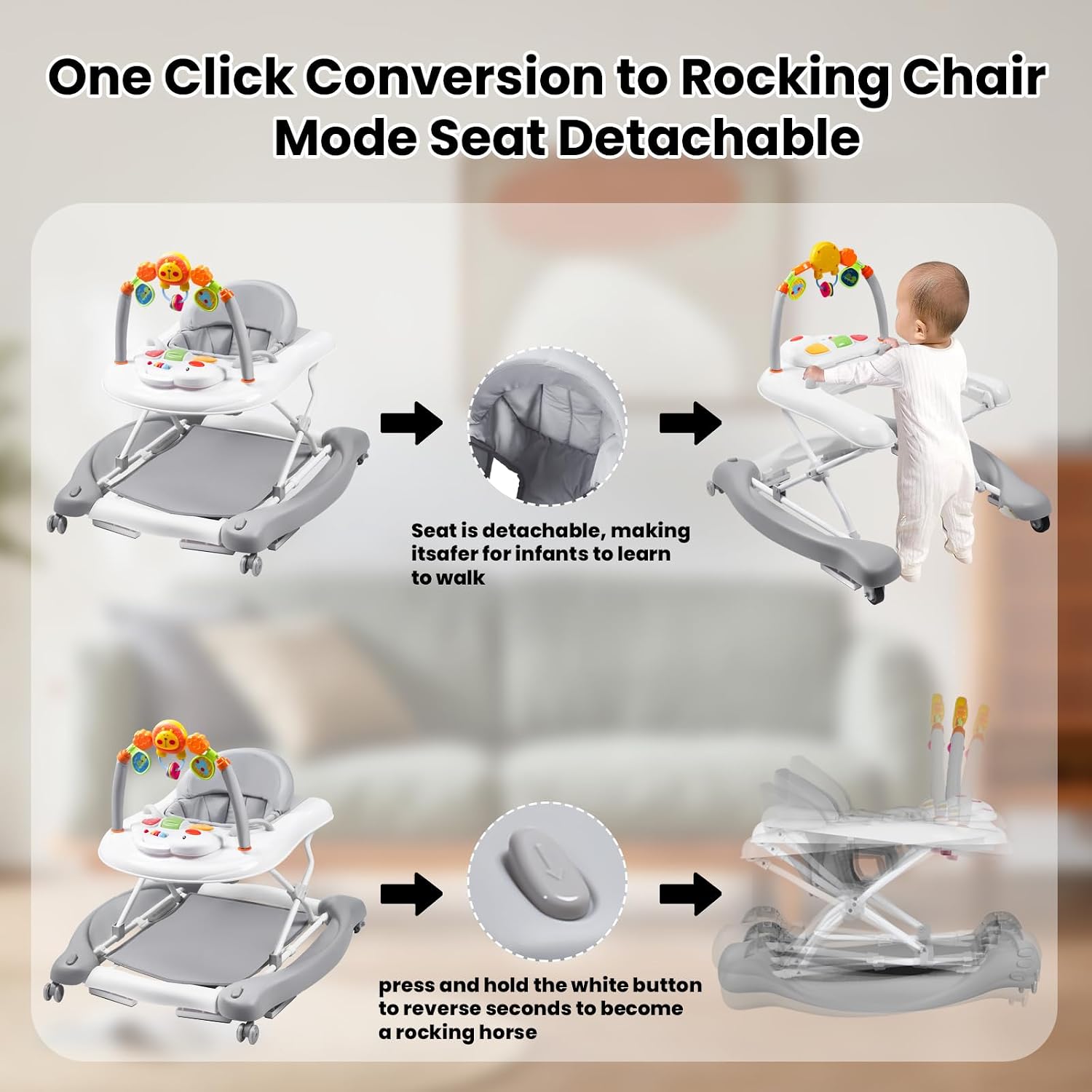 Detalle 2 de Boyro 5-in-1 Baby Walker: 6–18 Months, 3-Position Height, Foldable with Music and Toys