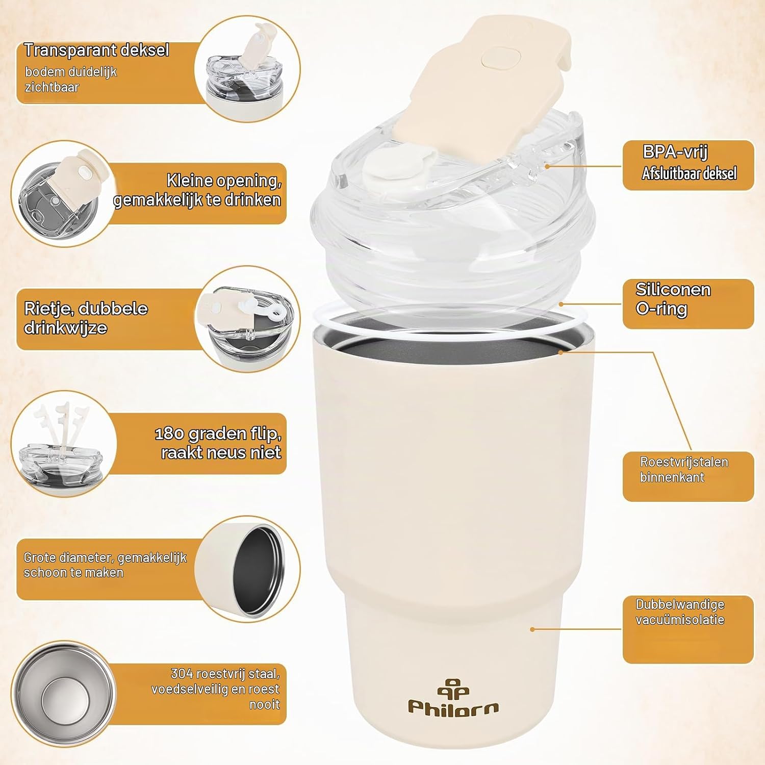 Detalle de PHILORN 92CM-SI-9WP reisbeker 400 ml van roestvrij staal, wit