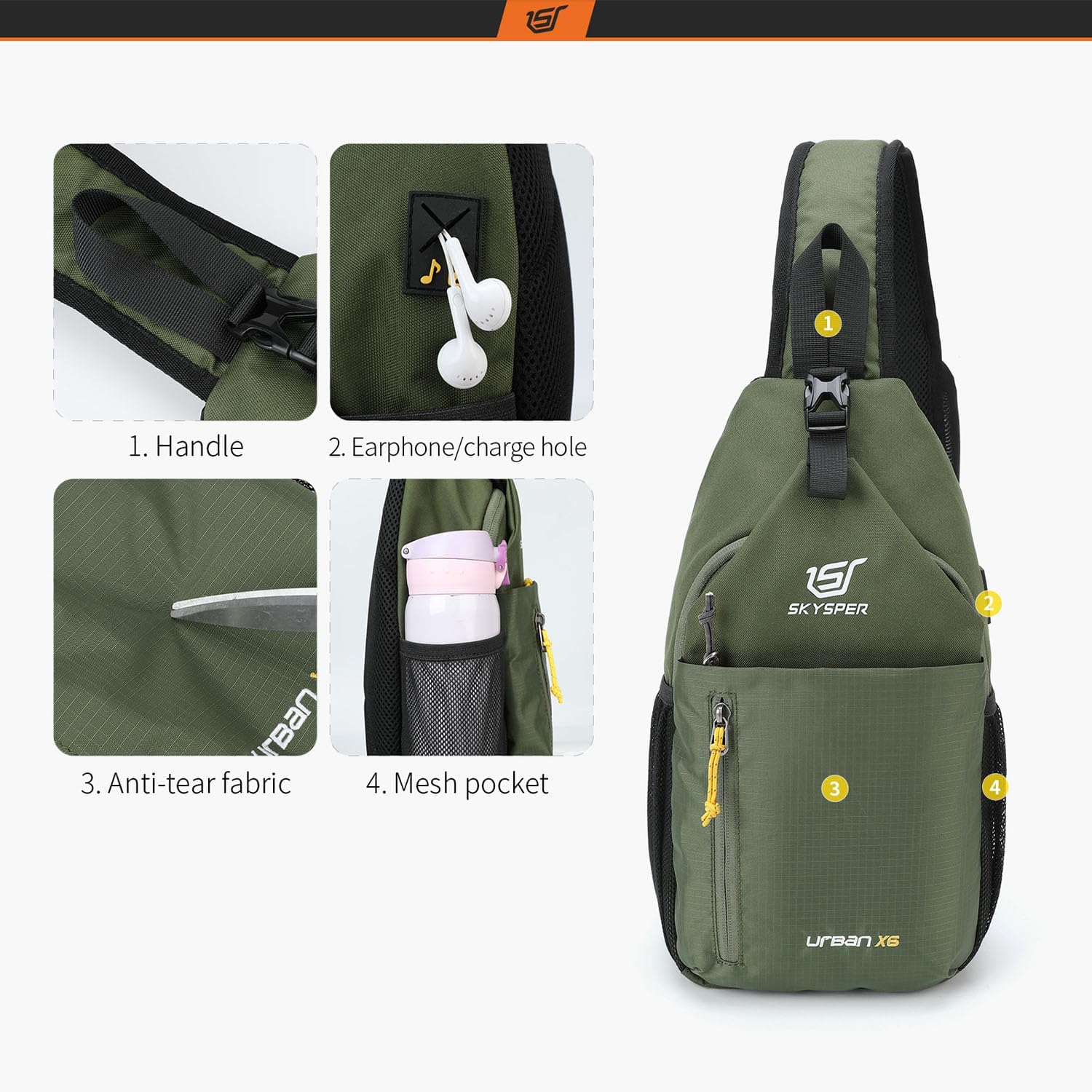 Detalle de SKYSPER Sling Bag Crossbody Backpack (6L) – lightweight water-repellent travel & hiking daypack