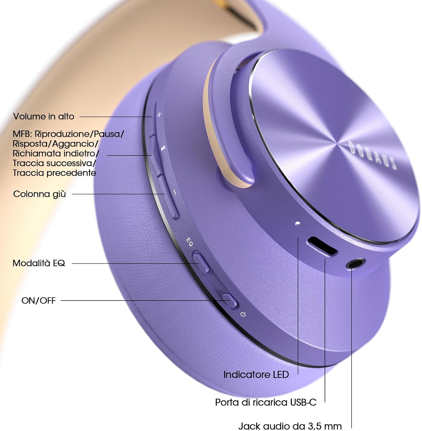 Detalle de DOQAUS Cuffie Bluetooth Wireless Over Ear – fino a 90 ore, 3 modalità EQ, memory foam, wireless e cablaggio incluso (Viola)