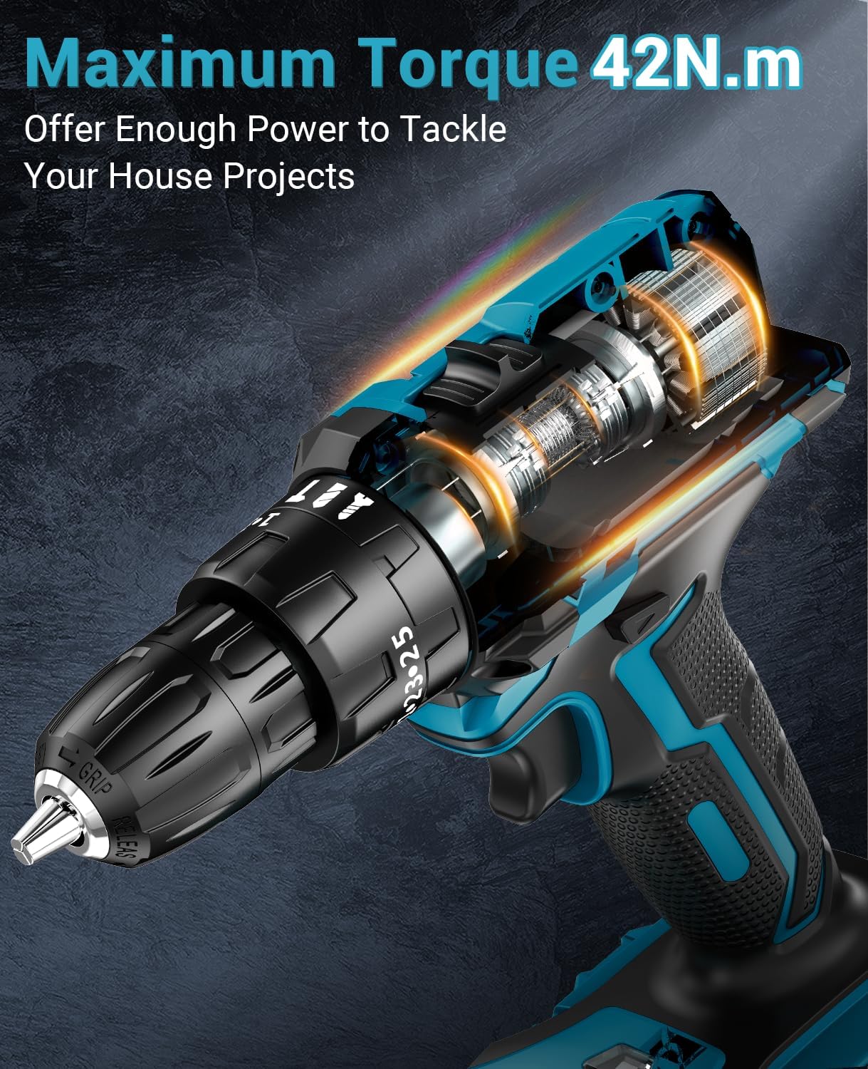 Detalle 2 de Trapano Avvitatore a Batteria 21V MHPRO con 2 Batterie da 2,0Ah – 42Nm, 2 Velocità, 14 Accessori