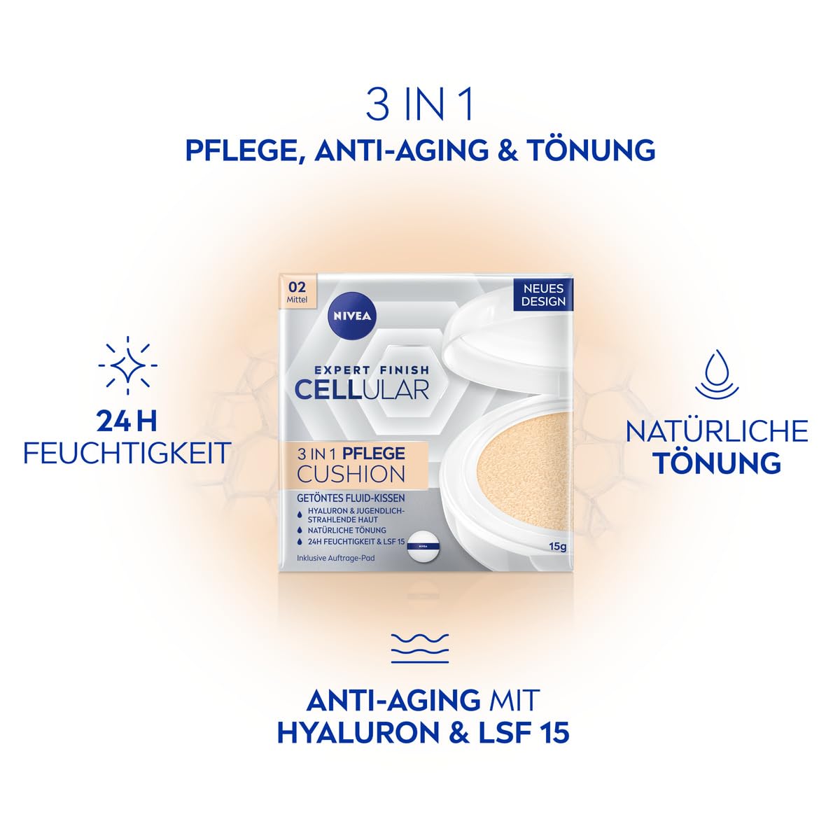 Detalle de NIVEA Cellular Expert Finish 3in1 Pflege Cushion – Make-up mit Hyaluron, Kollagen-Booster und LSF 15 (15 g) für mittlere Hauttöne