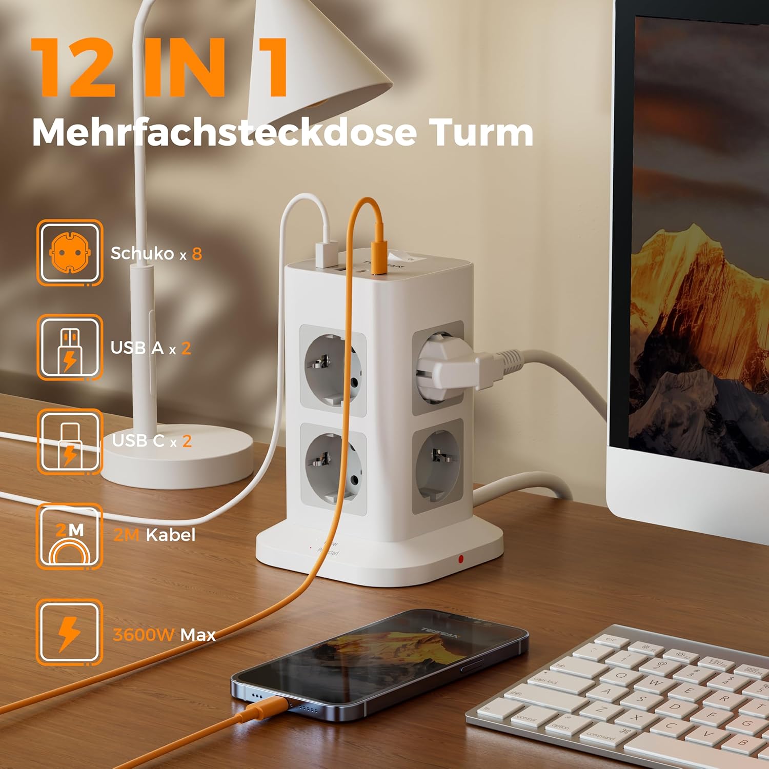 Thumbnail 1 de TESSAN 8-Fach Mehrfachsteckdose mit 2× USB-C und Überspannungsschutz – Steckdosenturm mit 2-m-Kabel und Schalter