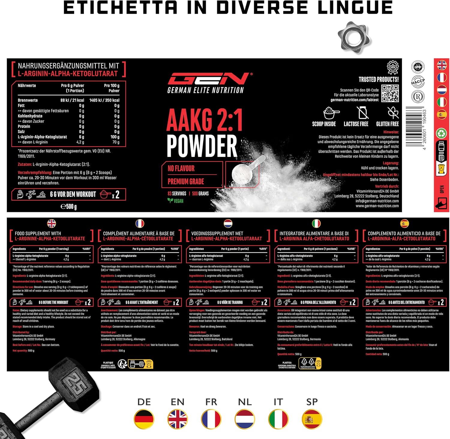 Thumbnail 6 de GEN German Elite Nutrition AAKG 2:1 in polvere vegana (500 g) – L-arginina alfa-cheto glutarato