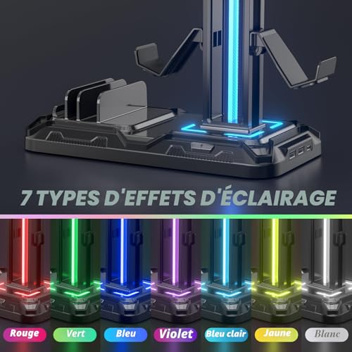 Thumbnail 3 de KDD Support Casque Bureau avec Support Téléphone et Manette Détachable – Repose-Casque Gaming avec 9 Modes d'Éclairage