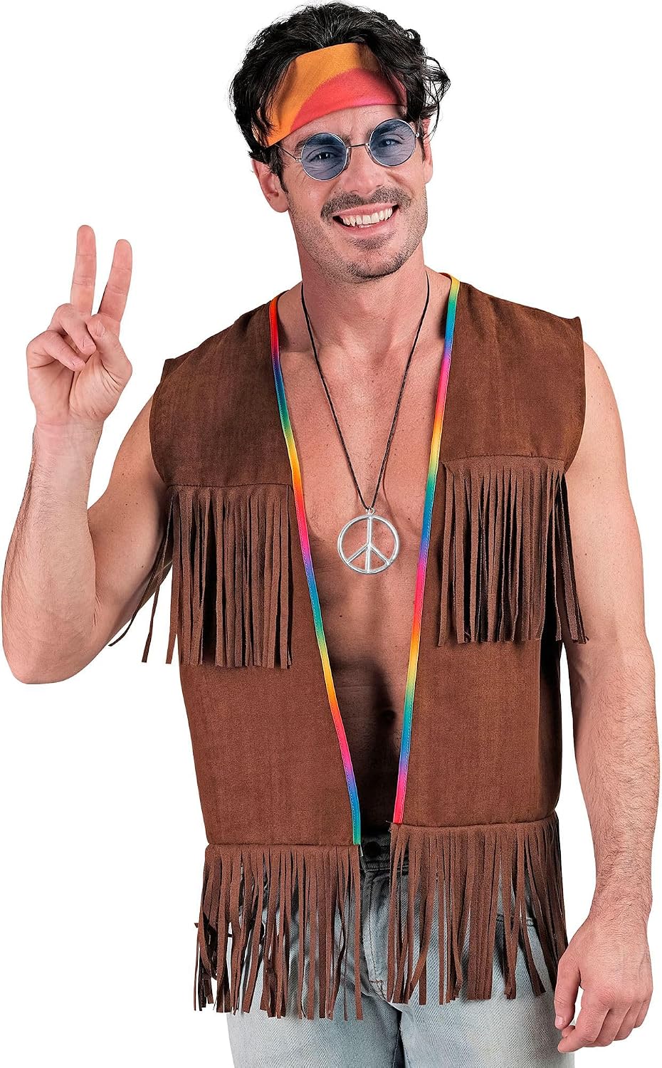 WIDMANN MILANO Party Fashion Hippie-Kostüm: ärmellose Fransenweste für Herren, braun (S/M)
