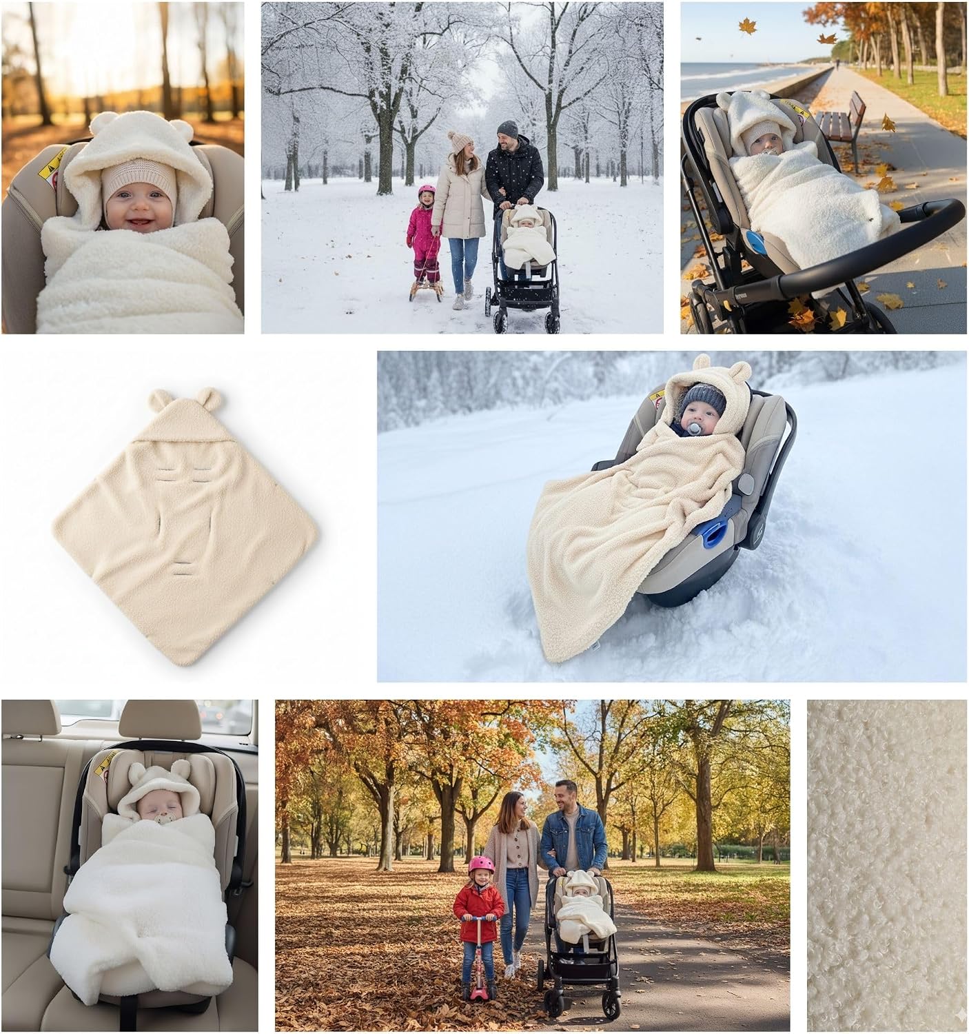 Detalle 2 de Totsy Baby bouclé-vagnfilt 90 × 90 cm med huva, dubbelsidig och krämfärgad