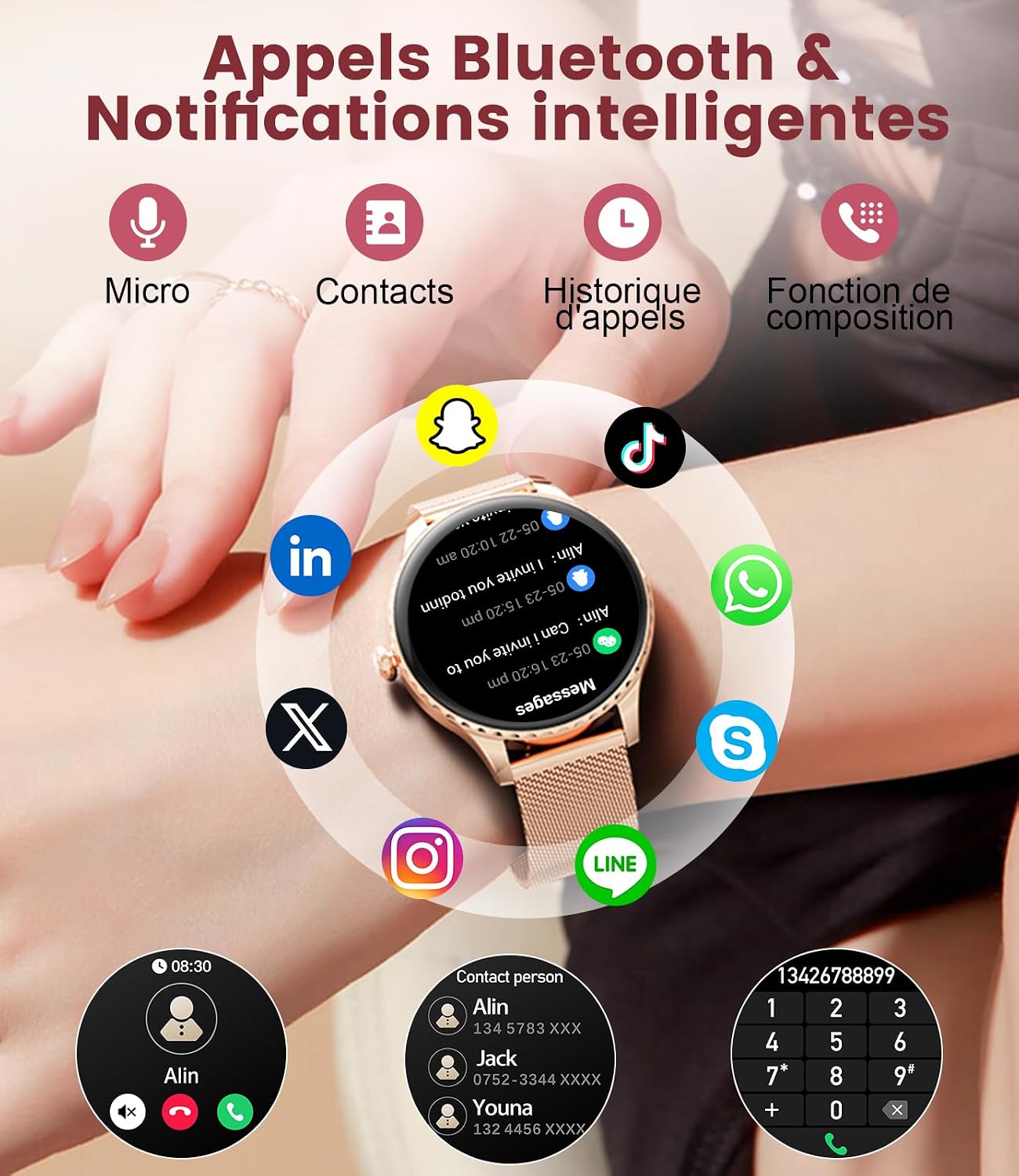 Detalle de Montre connectée femme LIGE SMART avec appels Bluetooth et écran AMOLED 1,32" IP68 (or rose)