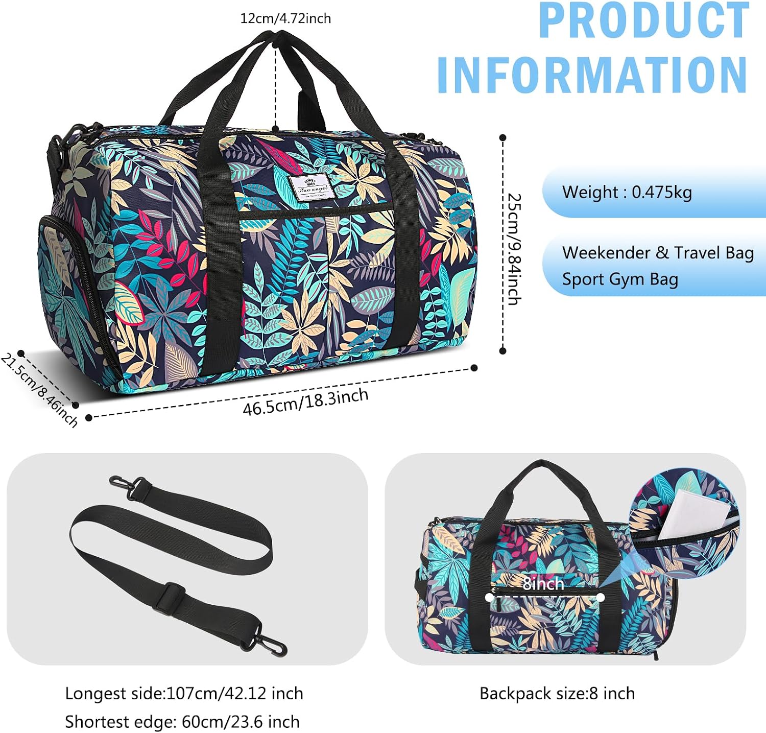 Thumbnail 6 de HUA ANGEL Sporttasche Damen 30L mit Nassfach & Schuhfach – faltbar, wasserdicht, Weekender für Fitnessstudio, Schwimmbad und Reisen