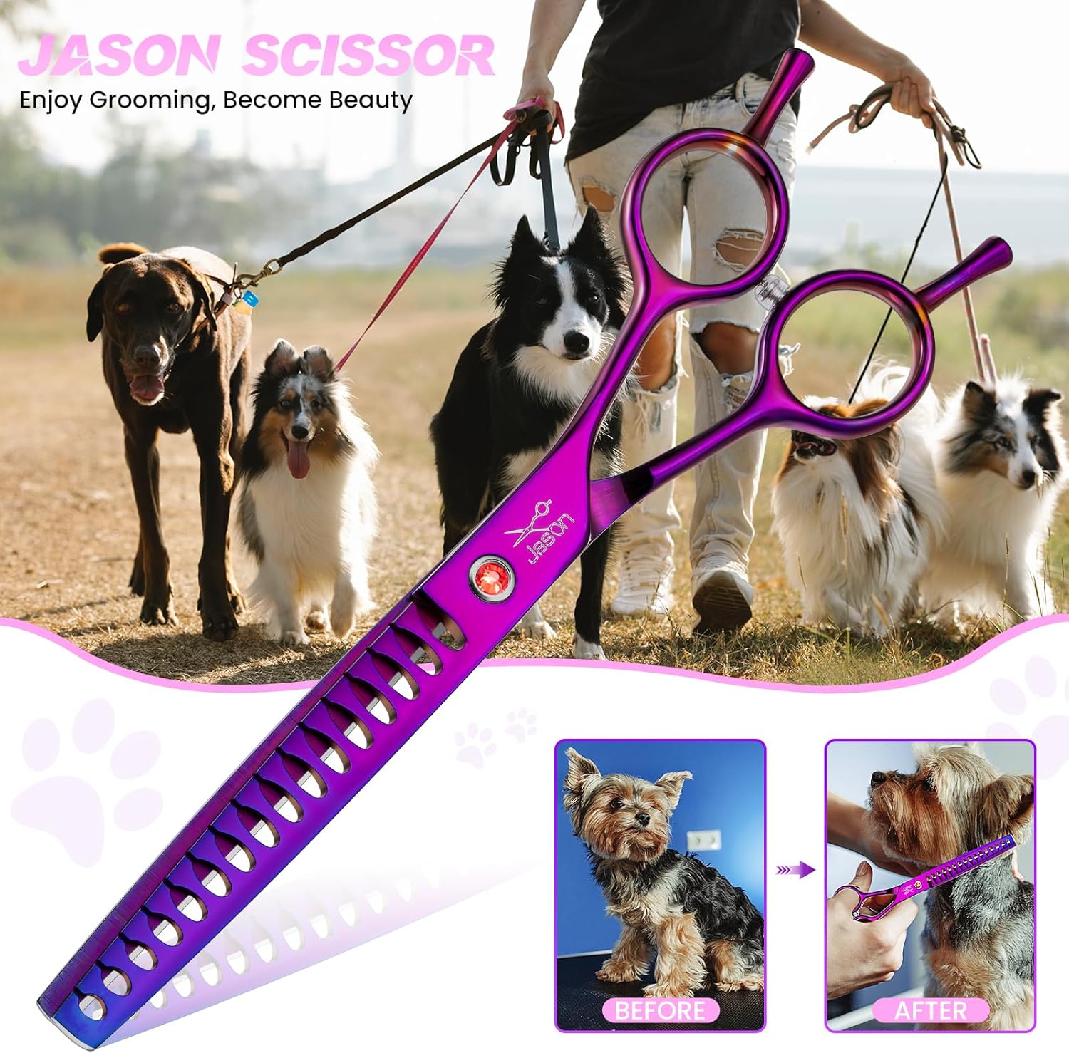 Thumbnail 5 de JASON Ciseaux à effiler professionnels pour chiens et chats – Ciseaux à fourrure japonais en acier inoxydable, 36 dents, violet (7,5 pouces)