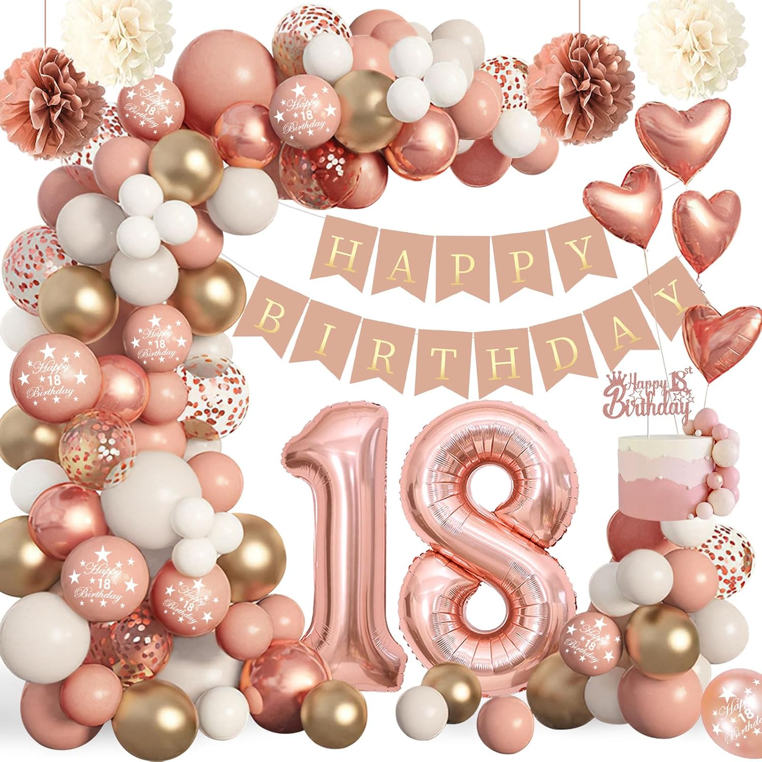 Detalle de Decoration Anniversaire 18 Ans Fille : ballon or rose, arche et bannière « Joyeux Anniversaire »