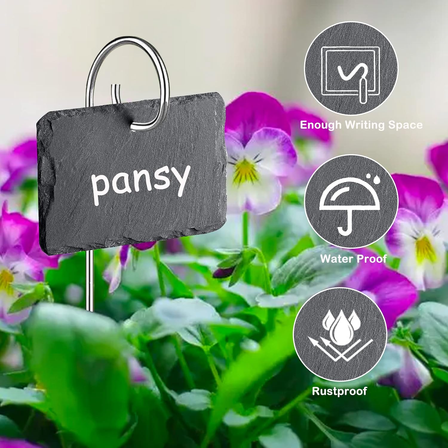 Thumbnail 4 de HIUOUIH Étiquettes de Jardin en Ardoise Naturelle – Lot de 10, Rondes 7,5 cm, avec tiges en inox et craies