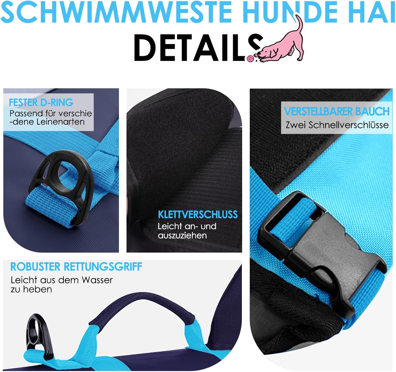 Thumbnail 2 de AOFITEE Schwimmweste Hund Mittel „Hai“ – verstellbar, mit Tragegriff & reflektierend (M)