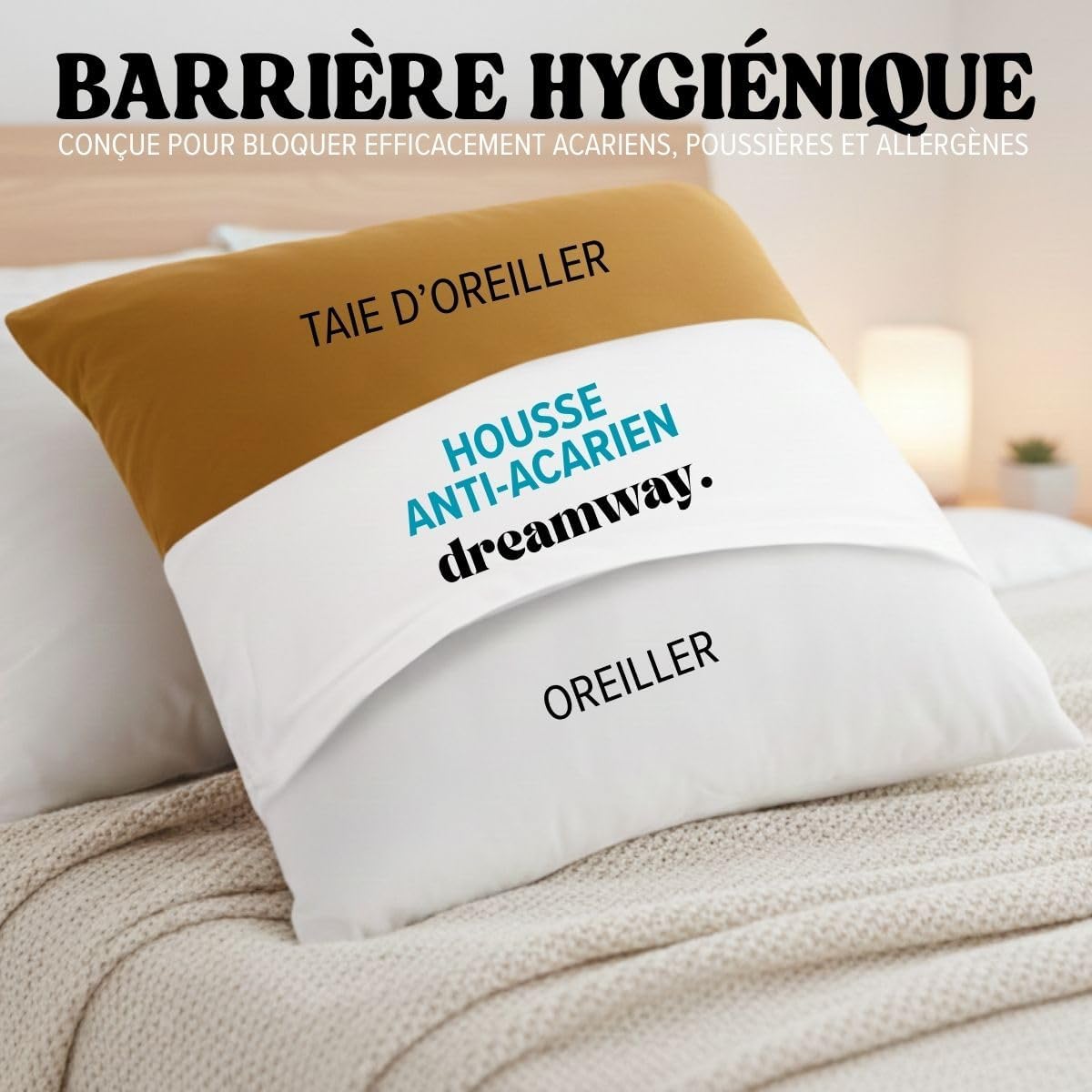 Detalle de DREAMWAY – Lot de 2 Taies Oreiller Anti Acarien 50x80 cm, protège-oreiller 50x80, hypoallergénique et lavable 95°C
