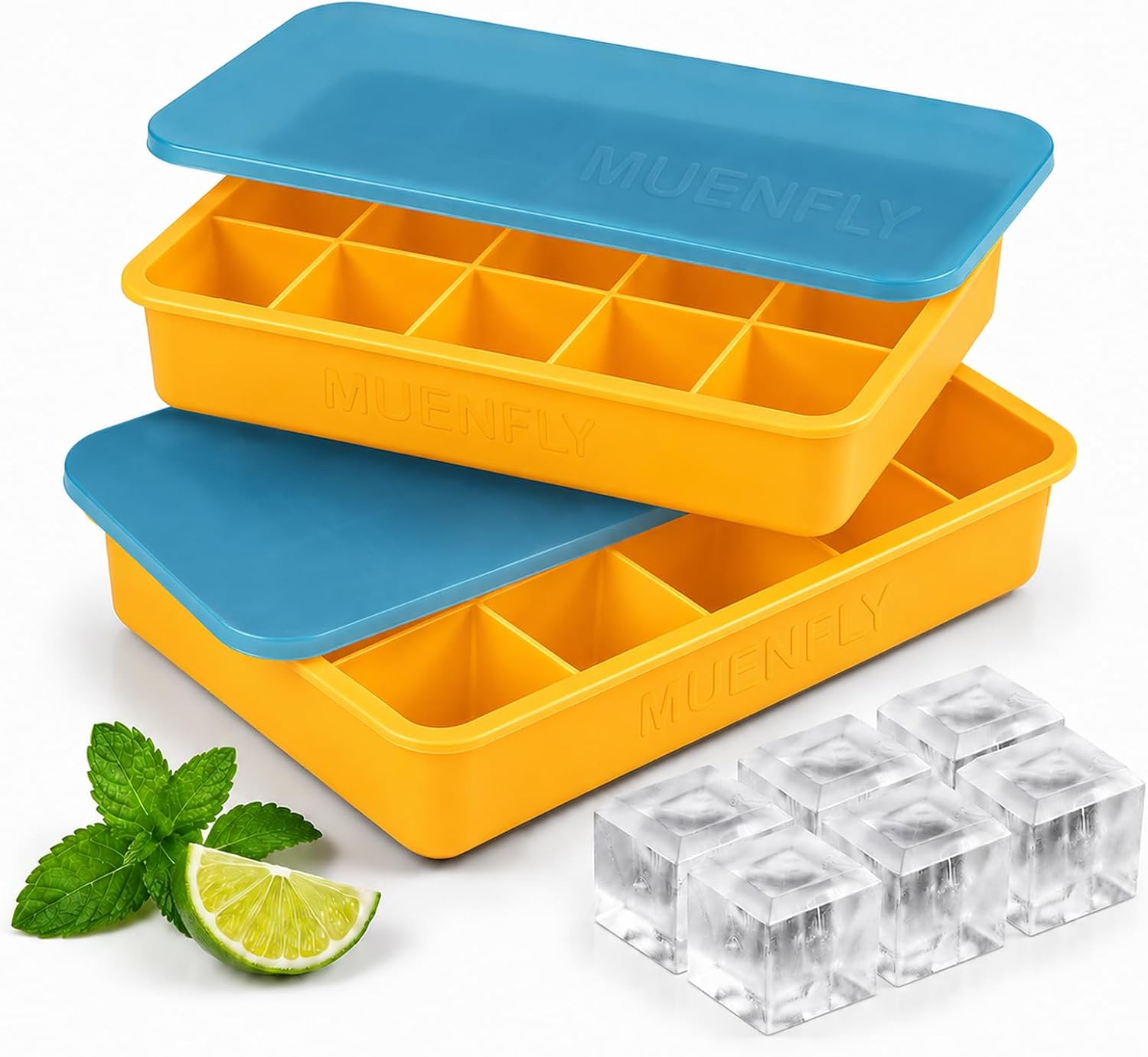Detalle de Muenfly 2er Silikon-Eiswürfelbehälter mit Deckel – 30 Würfel, 3x3 cm, BPA-frei