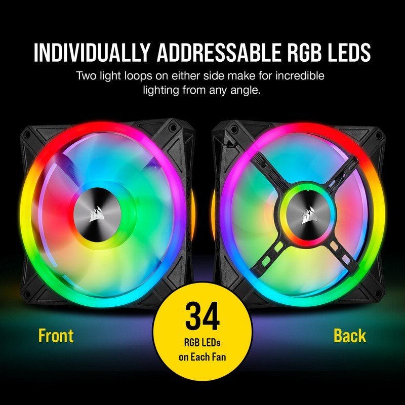 Detalle 2 de Corsair iCUE QL140 RGB PWM Dual Fan con Lighting Node Core (negro) — ventiladores RGB de 140 mm