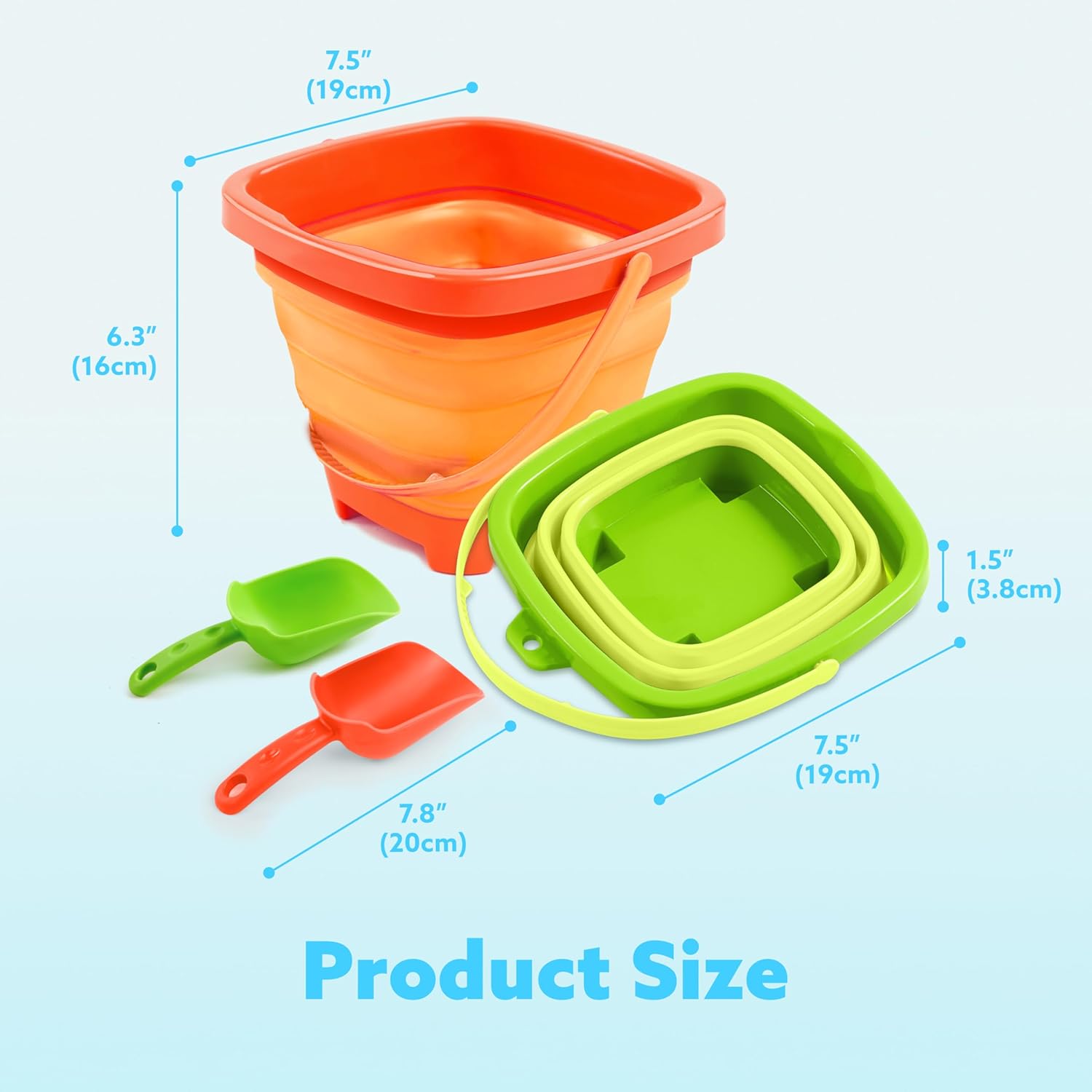 Thumbnail 5 de Sloosh 3-Pack Collapsible Sand Toys: Square Foldable Pails with 3 Shovels (Orange/Blue/Green)