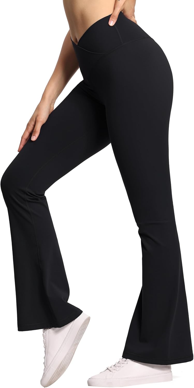 Detalle de THE GYM PEOPLE Women's Crossover High Waist Flare Leggings, 4-Way Stretch