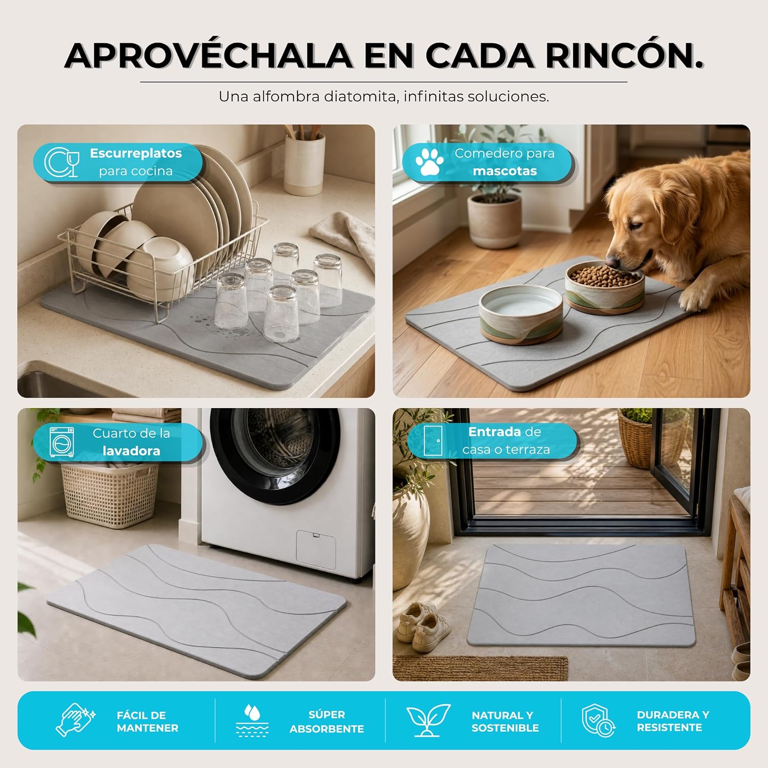 Detalle 2 de Pure 4Home Alfombra de diatomita para baño 60x40 (Grey Waves) secado rápido antideslizante