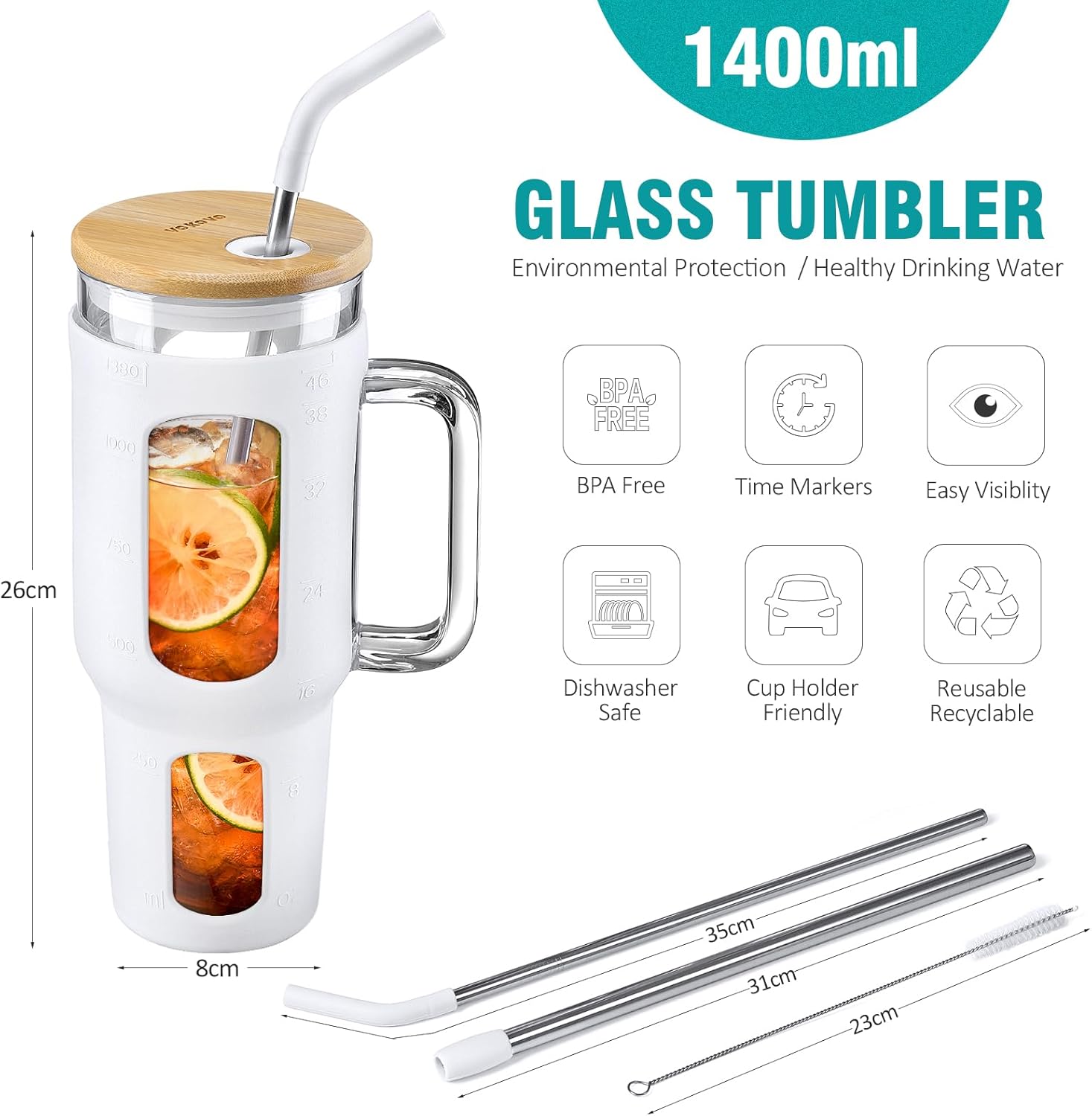 Thumbnail 4 de BLUEGO gobelet en verre avec couvercle 1400 ml, poignée et 2 pailles (sans BPA) – blanc