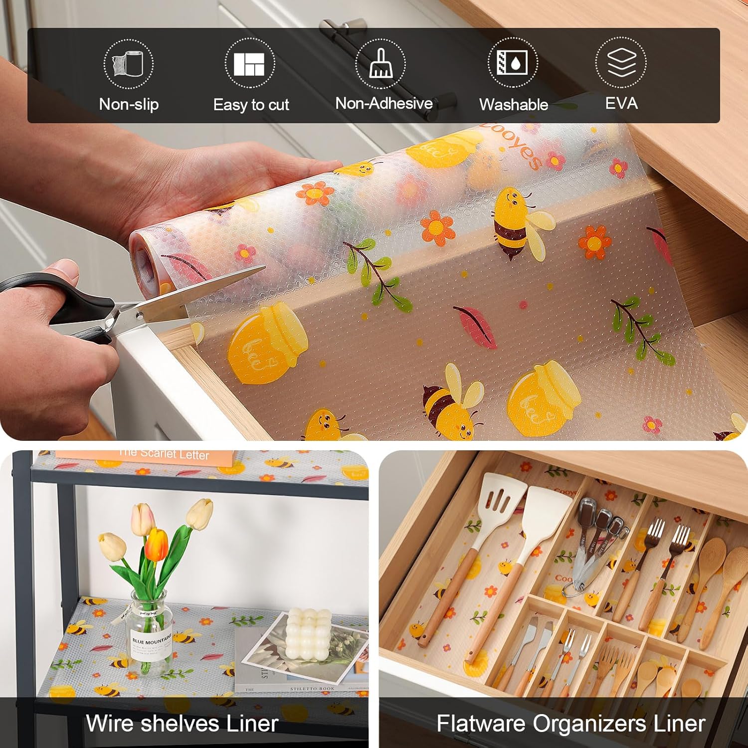 Detalle 2 de Cooyes Shelf Liner Non-Slip EVA Cabinet & Drawer Liner (Amber, 11.8" W x 118" L) – Waterproof, Non-Adhesive