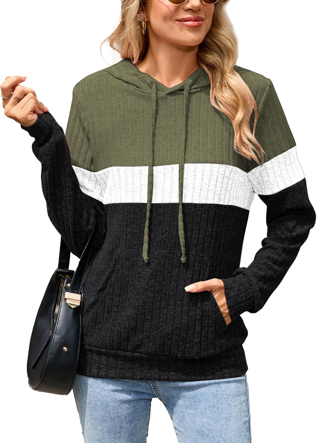 Thumbnail 6 de Famulily Knit Hoodie for Women UK – Colour Block Ribbed Jumper with Pocket