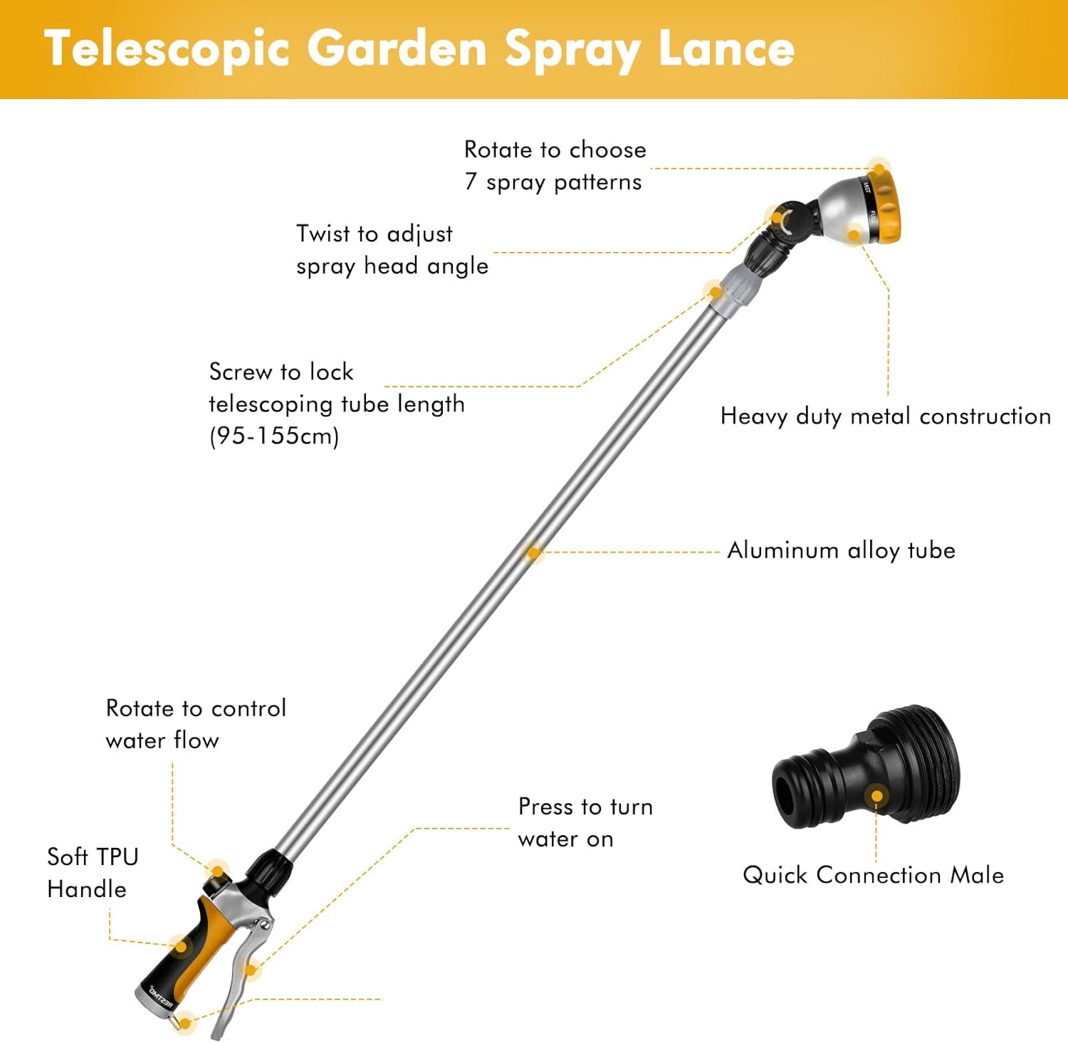 Thumbnail 2 de RESTMO 95–155cm metal telescopic watering wand with 180° adjustable head and 7 spray patterns