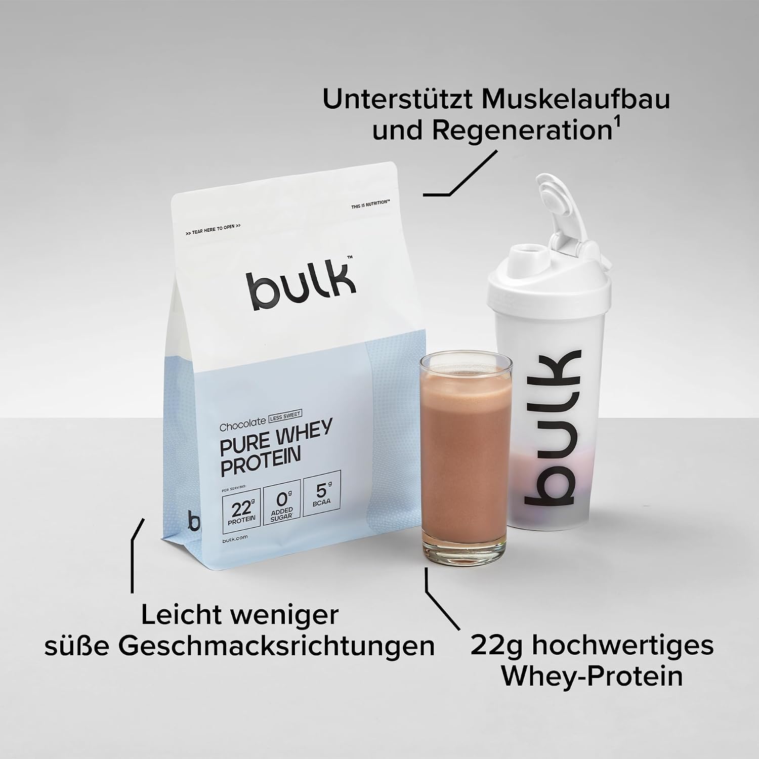 Detalle de Bulk Pure Whey Proteinpulver Schokolade – Weniger Süß, 22 g Protein, 5 g BCAAs pro Portion, 500 g