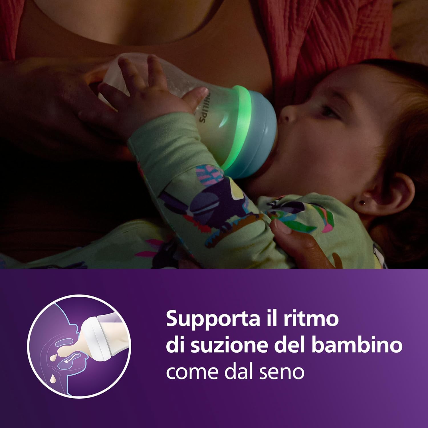 Detalle de Philips Avent Set Nighttime a Risposta Naturale – Biberon 260 ml con tettarella Flusso 3, anello fosforescente e ciuccio Ultra Soft Nighttime