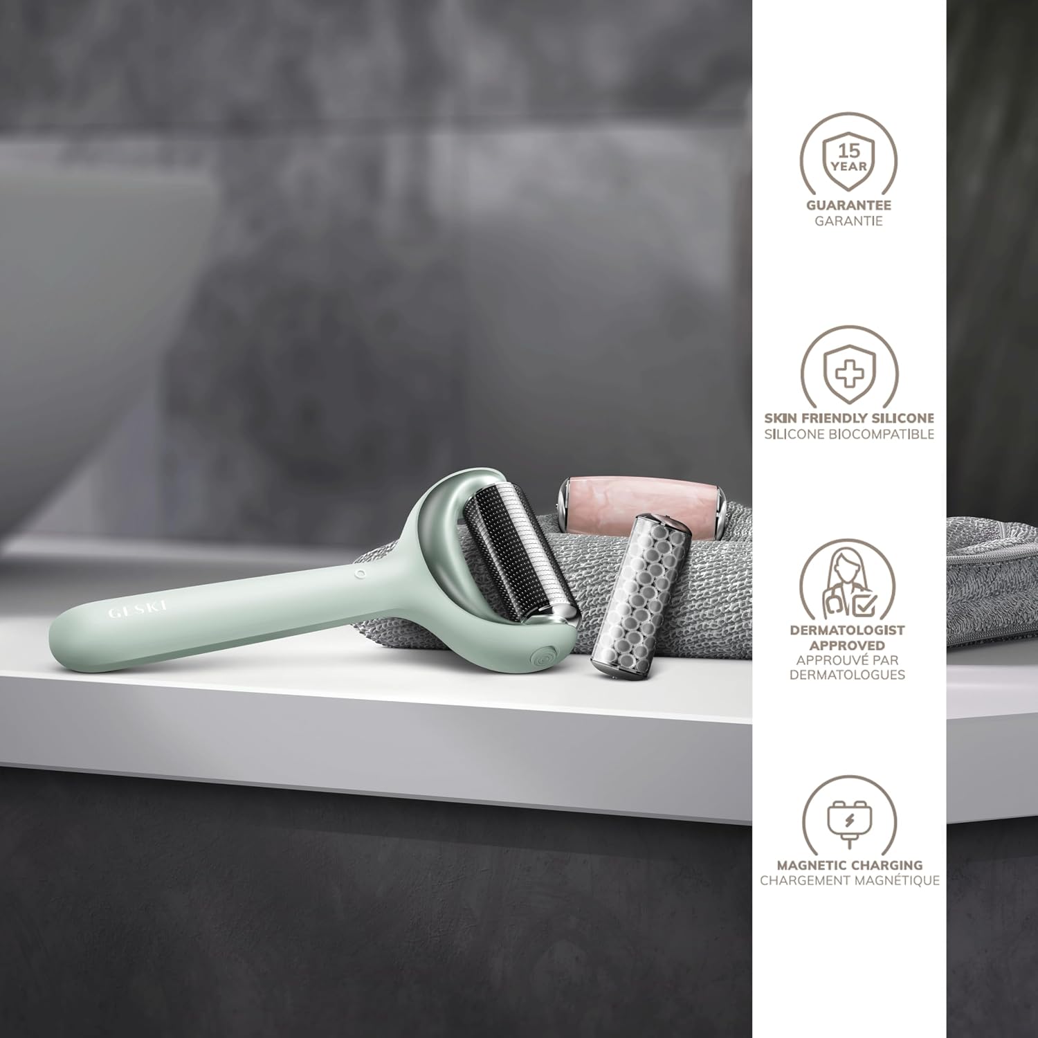 Detalle 2 de GESKE SmartAppGuided MicroNeedle Roller 9 en 1: soin visage et corps avec app intelligente et accents quartz rose