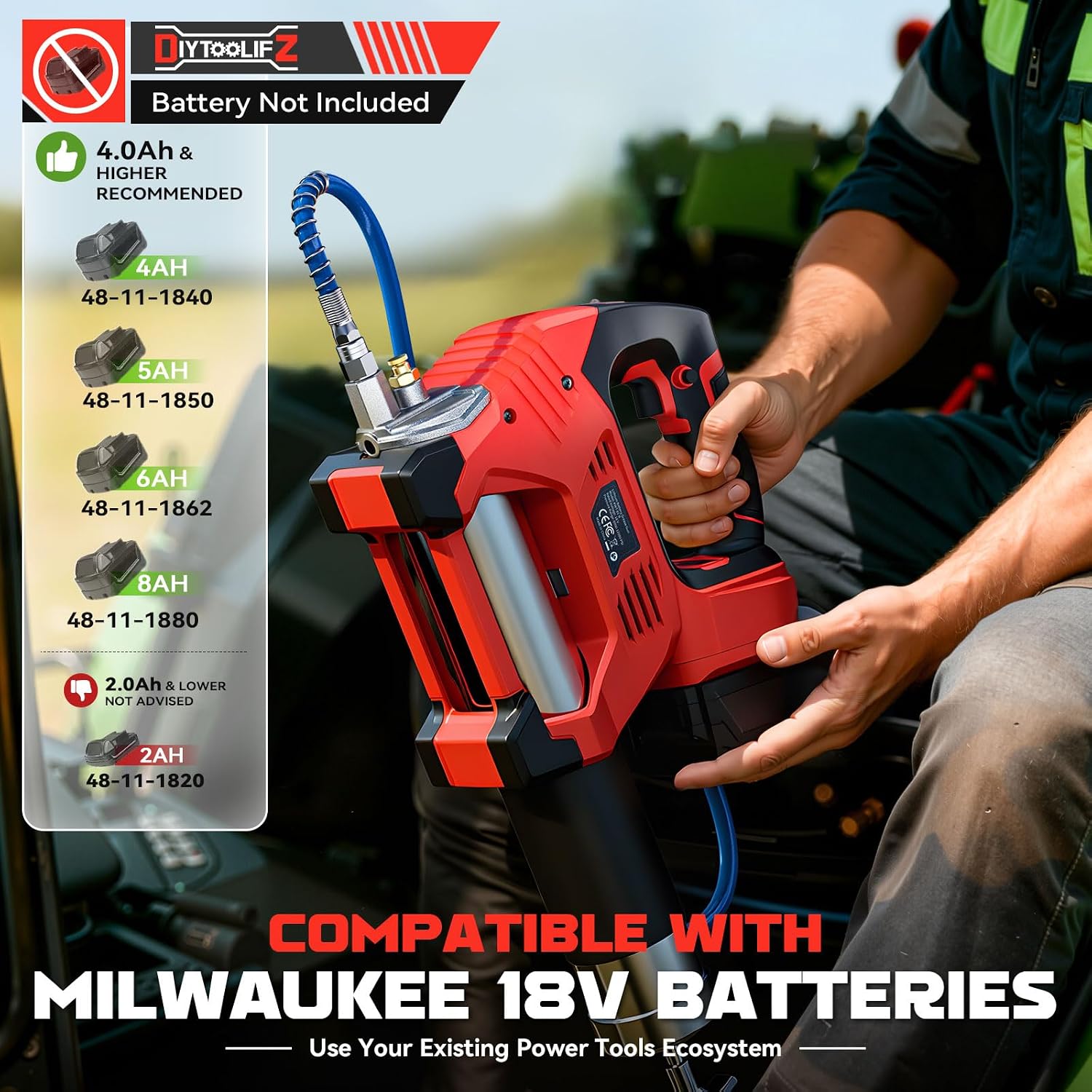 Detalle de DIYtoolifz Cordless Grease Gun for Milwaukee 18V — 12,000 PSI, 3-Speed Brushless Power (Tool Only)