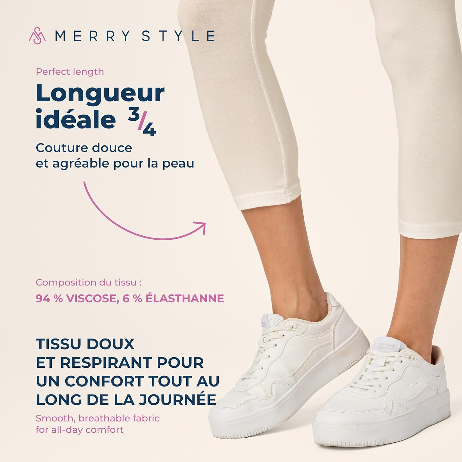 Thumbnail 3 de Merry Style Legging coton femme – confort souple et extensible, longueur 3/4, taille haute