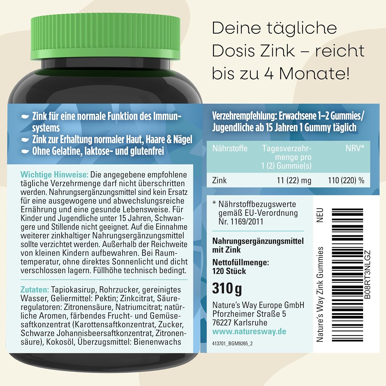 Detalle 2 de Zink Gummibärchen 120 Stk für Haut Haare Nägel 🍬