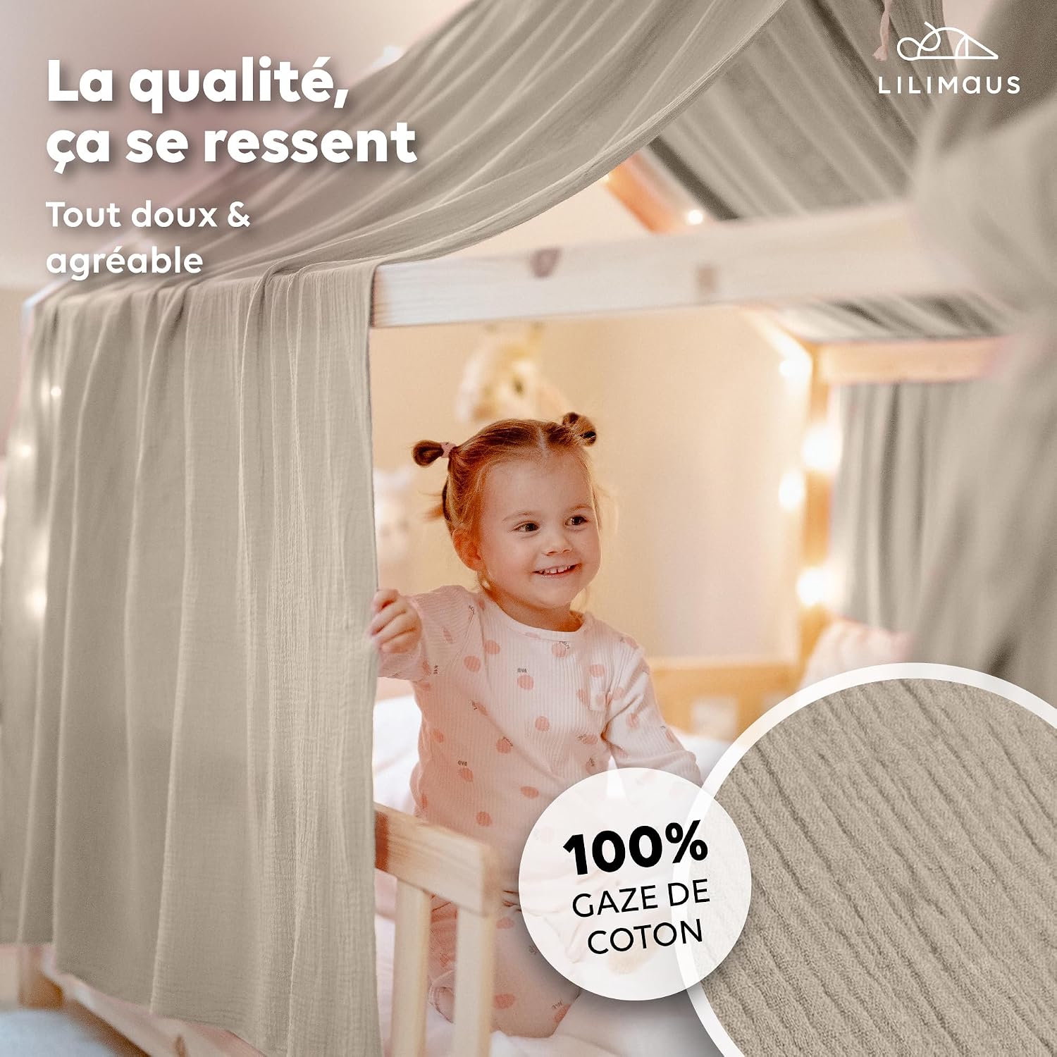 Detalle 2 de lilimaus BH-HB-135x320-HELLBEIGE bedhemel, set van 2 in lichtbeige katoen